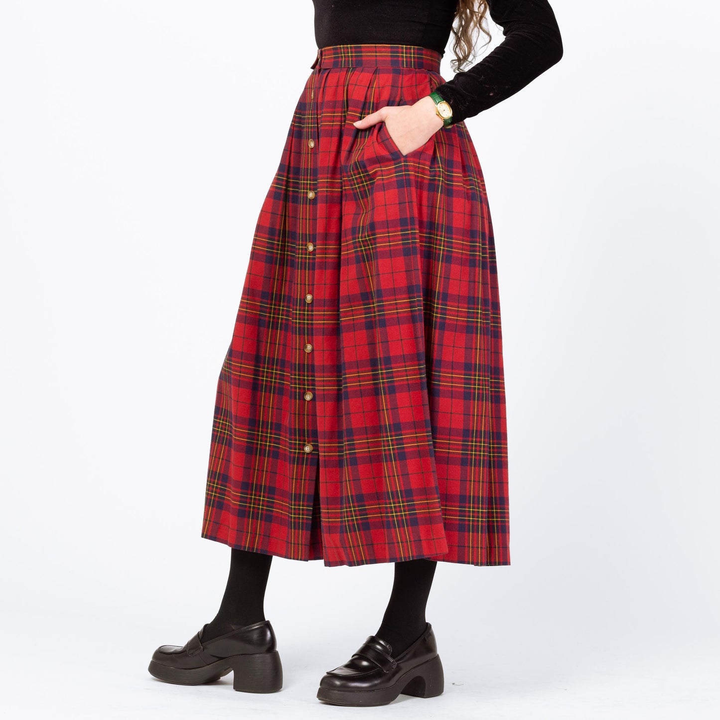 Vintage 80s Red Plaid Midi Pocket Skirt - Small, 27" Waist | A Line High Waist Retro Button Up Skirt