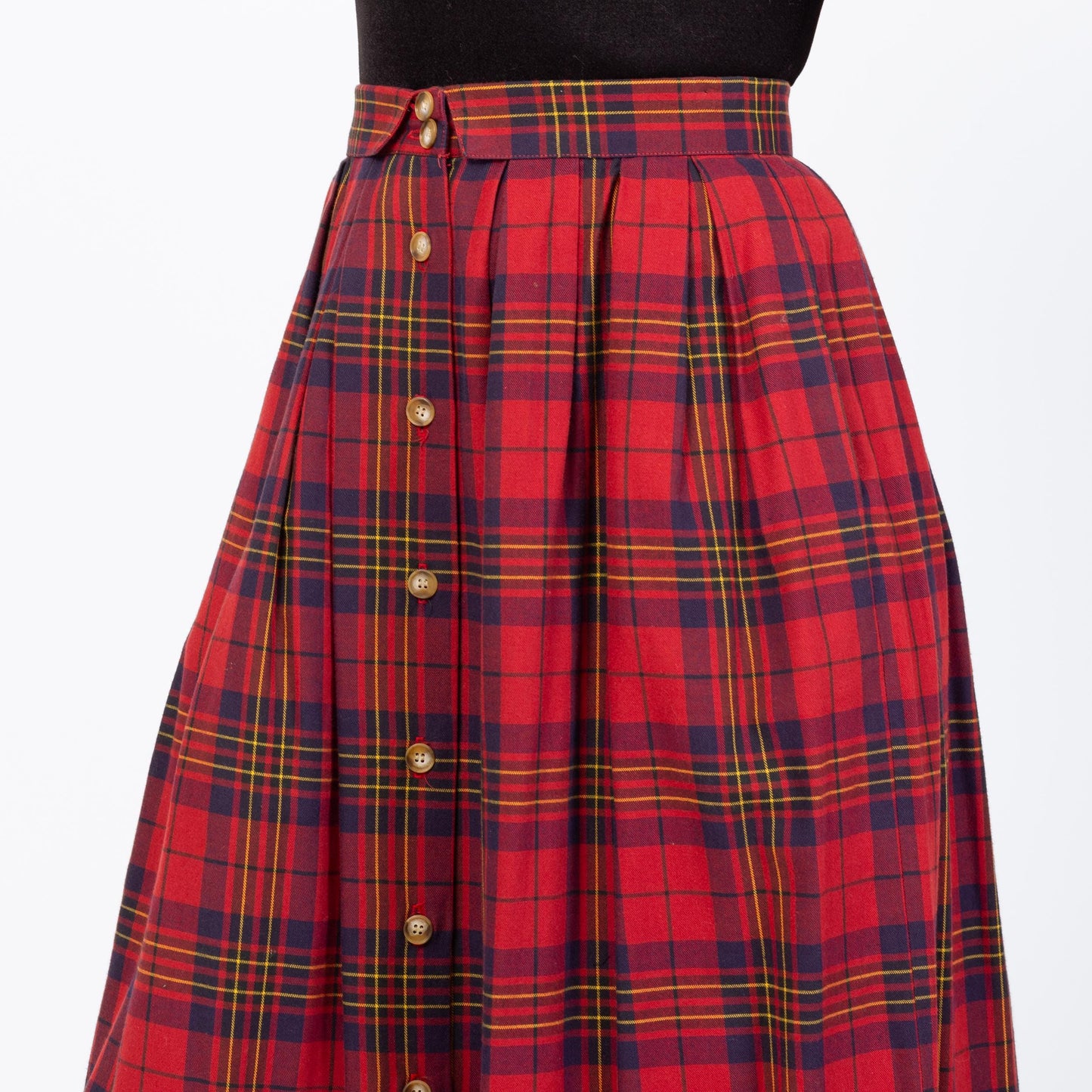 Vintage 80s Red Plaid Midi Pocket Skirt - Small, 27" Waist | A Line High Waist Retro Button Up Skirt
