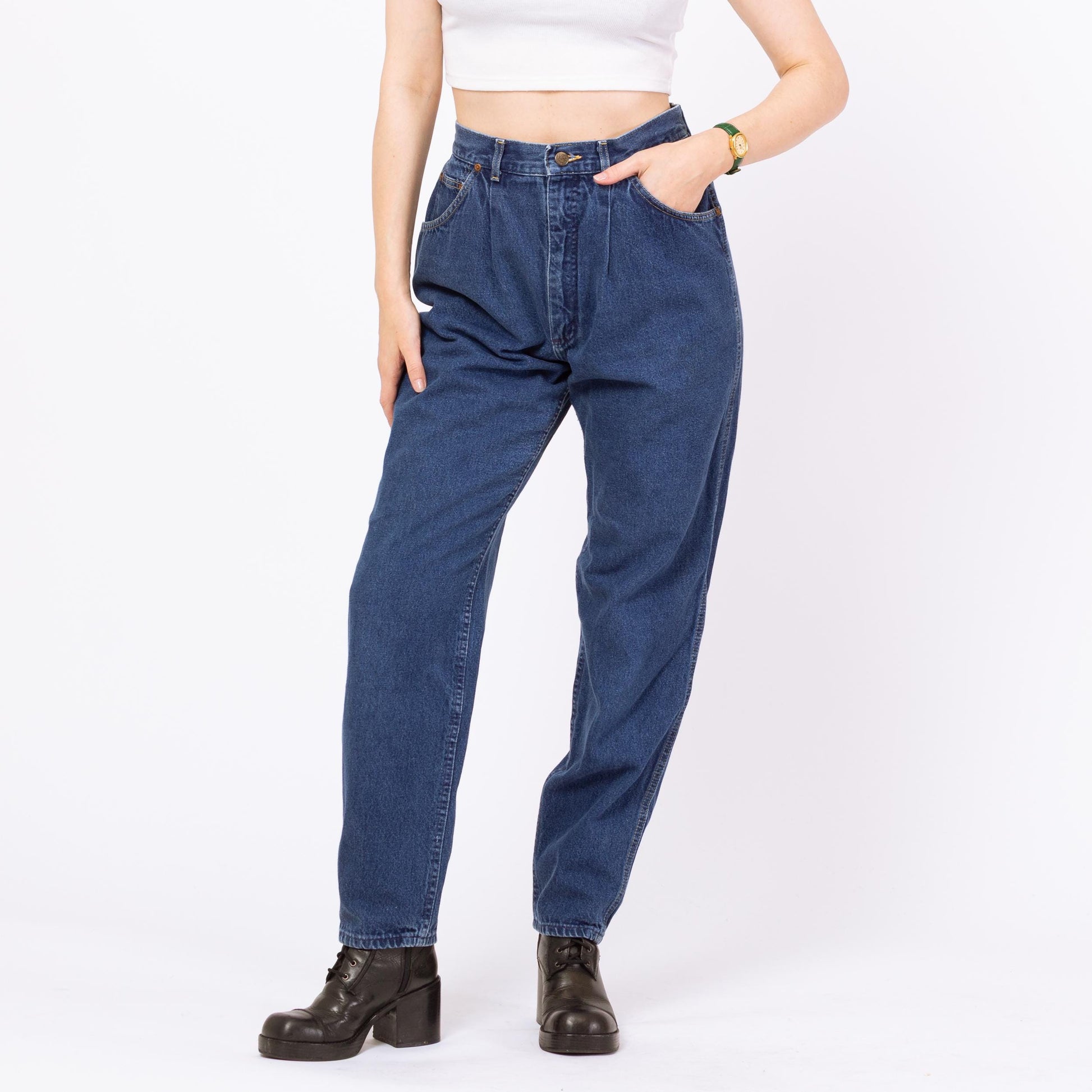 Vintage 80s Lee Riders Dark Wash High Waisted Pleated Jeans - Medium, 29" Waist | Relaxed Fit Denim Baggy Mom Jeans