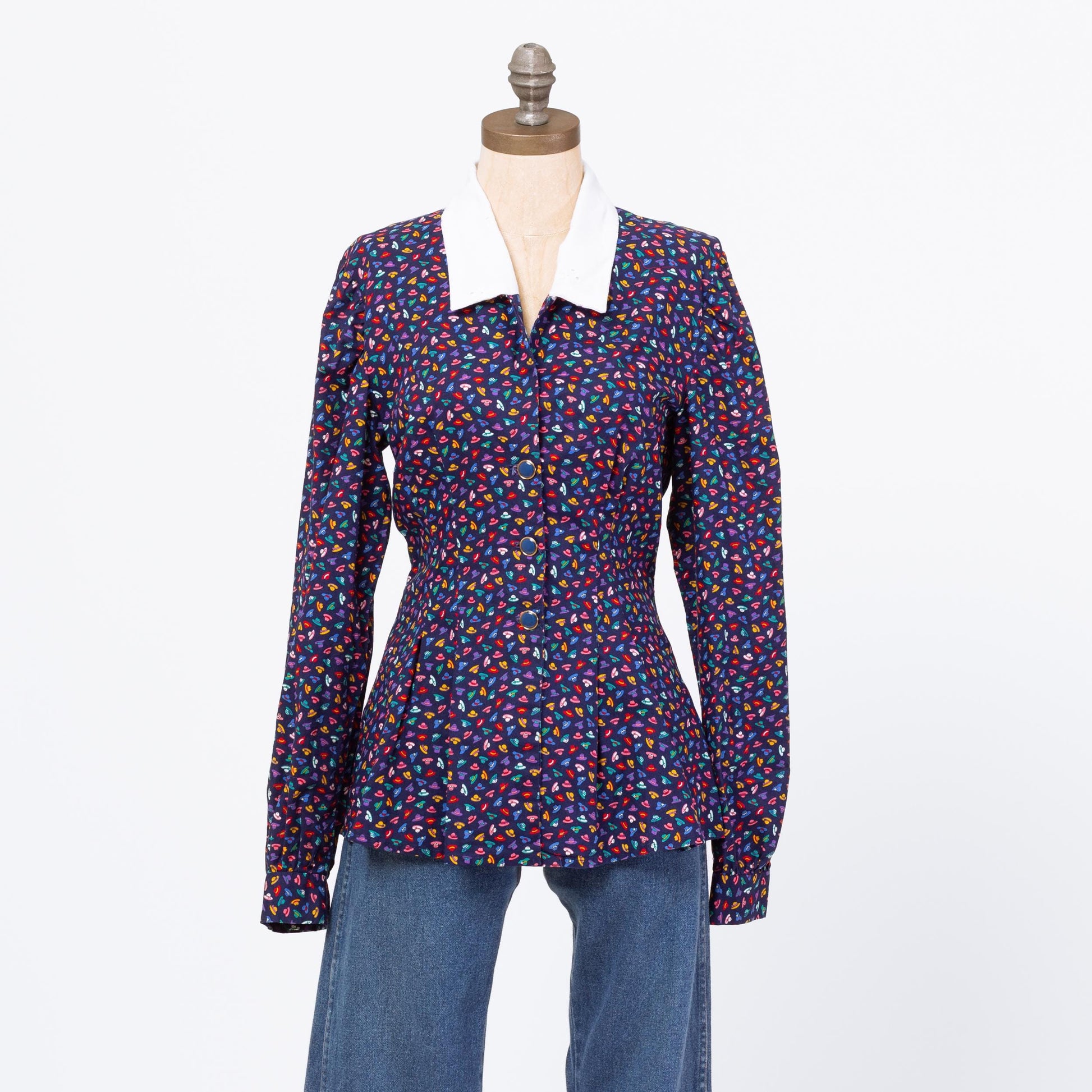 Vintage 80s Novelty Hat Print Fitted Waist Blouse - Medium | Navy Blue Purple Eyelet Collar Button Up Long Sleeve Top