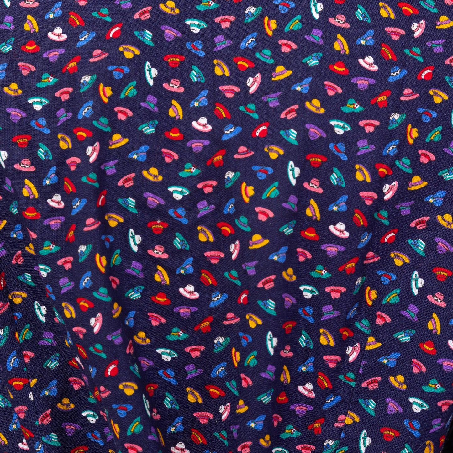 Vintage 80s Novelty Hat Print Fitted Waist Blouse - Medium | Navy Blue Purple Eyelet Collar Button Up Long Sleeve Top