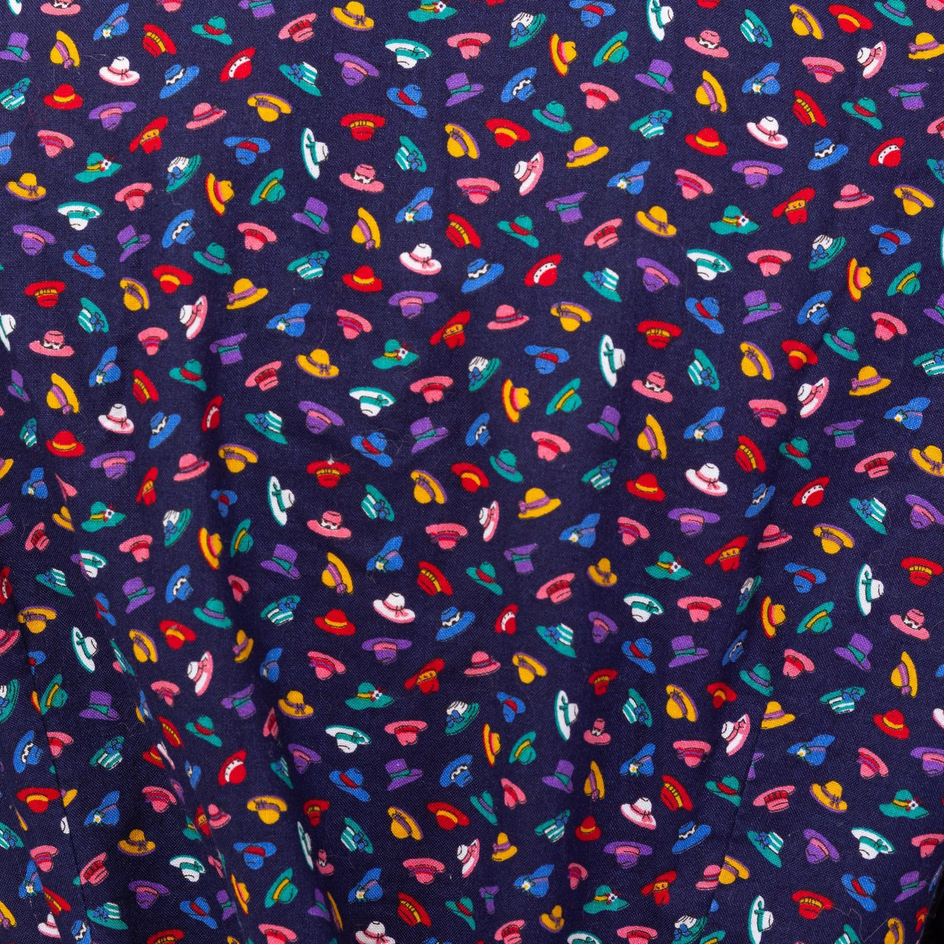 Vintage 80s Novelty Hat Print Fitted Waist Blouse - Medium | Navy Blue Purple Eyelet Collar Button Up Long Sleeve Top