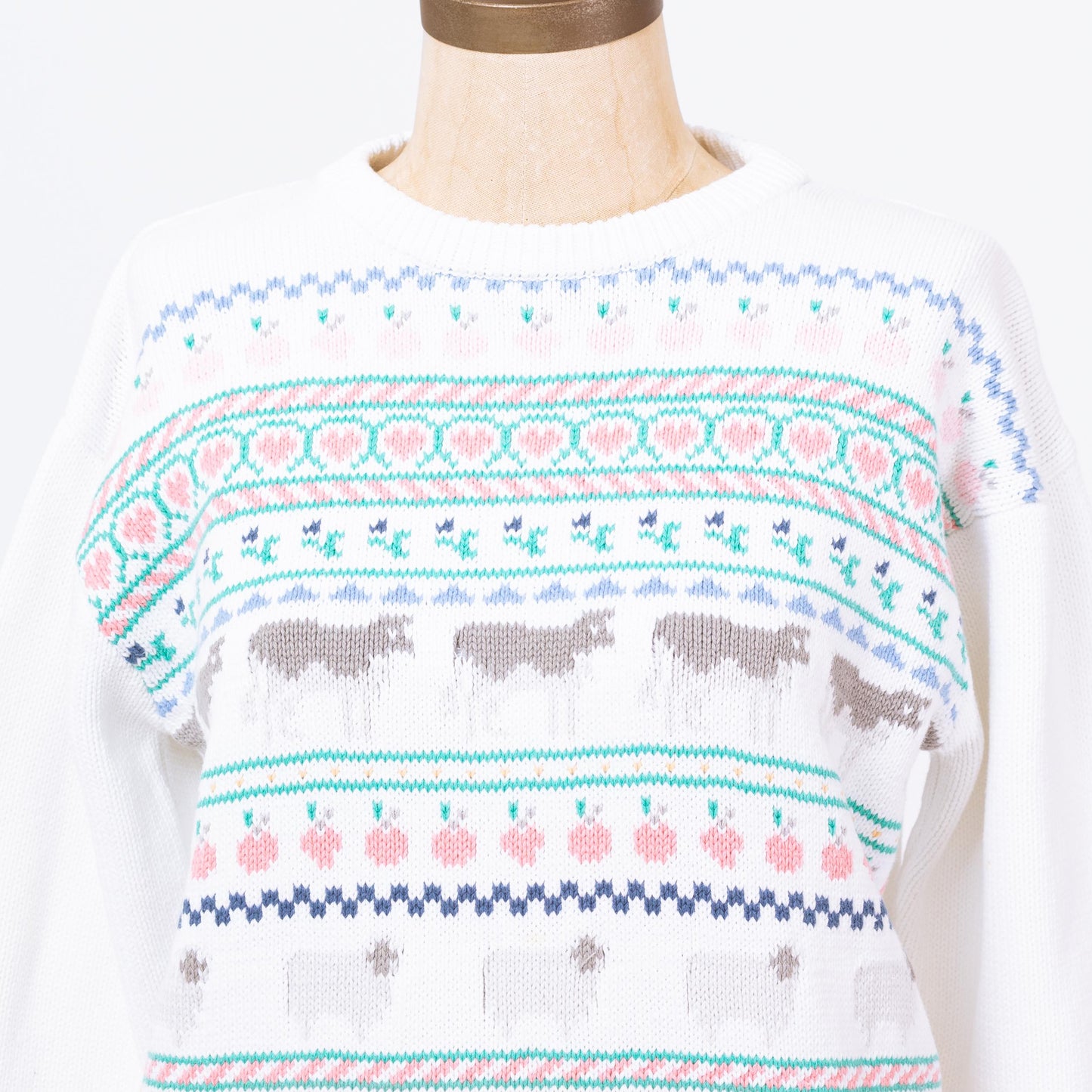 Vintage 80s Eddie Bauer Novelty Farm Animal Sweater, As Is - Medium | White Cotton Knit Cottagecore Grandma Pullover