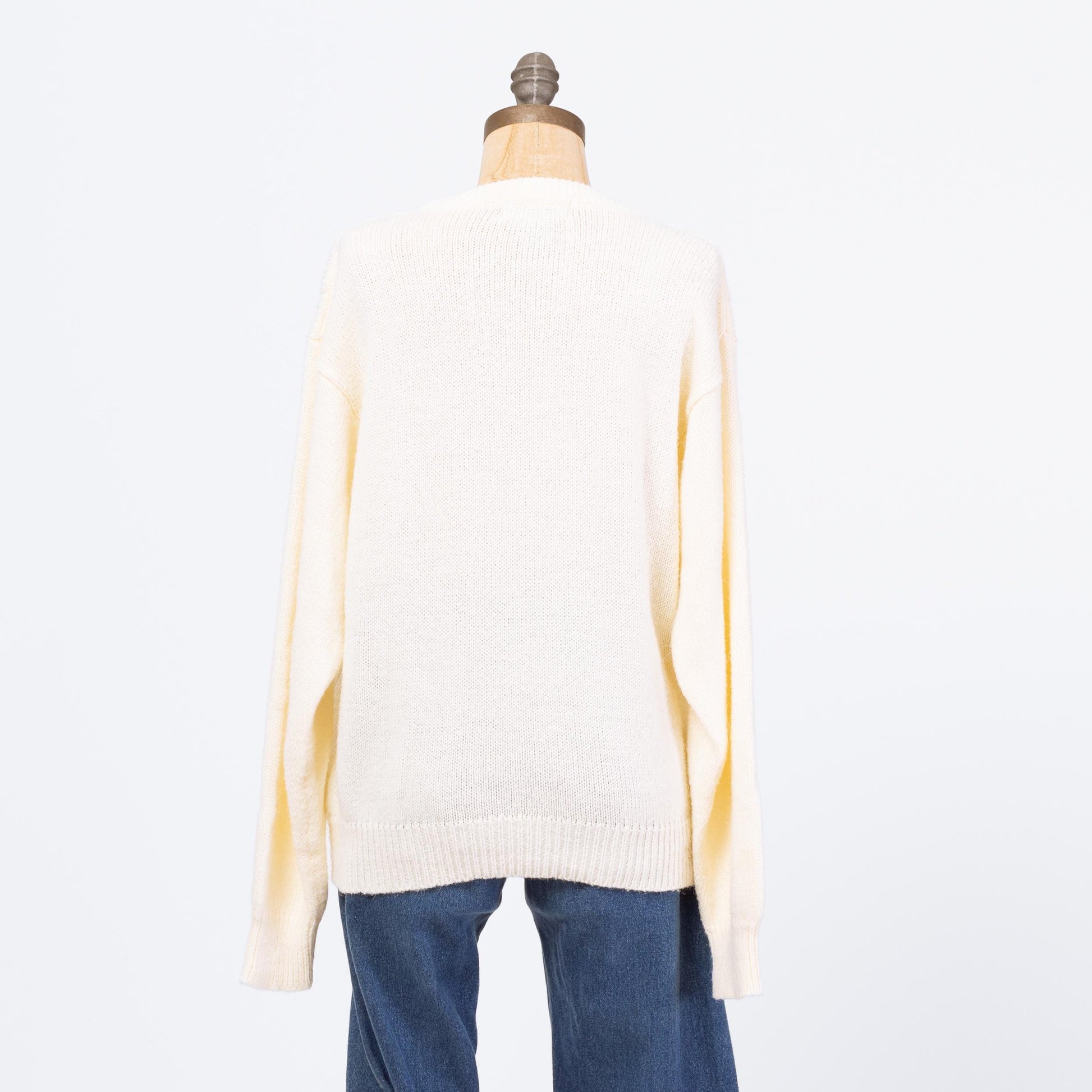 Vintage 80s Pastel Floral Cable Knit Sweater - Large | Soft Cream Boho Embroidered Grandma Pullover