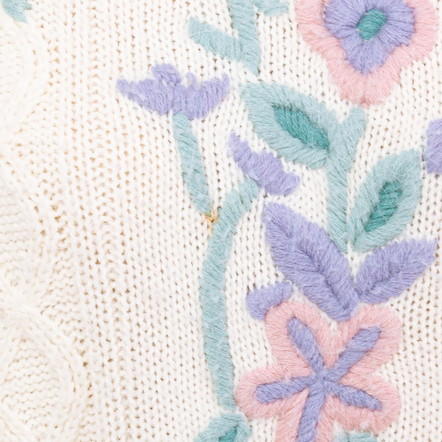Vintage 80s Pastel Floral Cable Knit Sweater - Large | Soft Cream Boho Embroidered Grandma Pullover