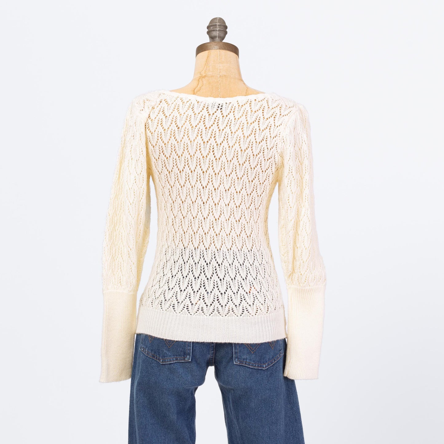 Vintage 70s Cream Eyelet Knit Puff Sleeve Sweater - Small | Boho Sheer Open Weave Cottagecore Pullover
