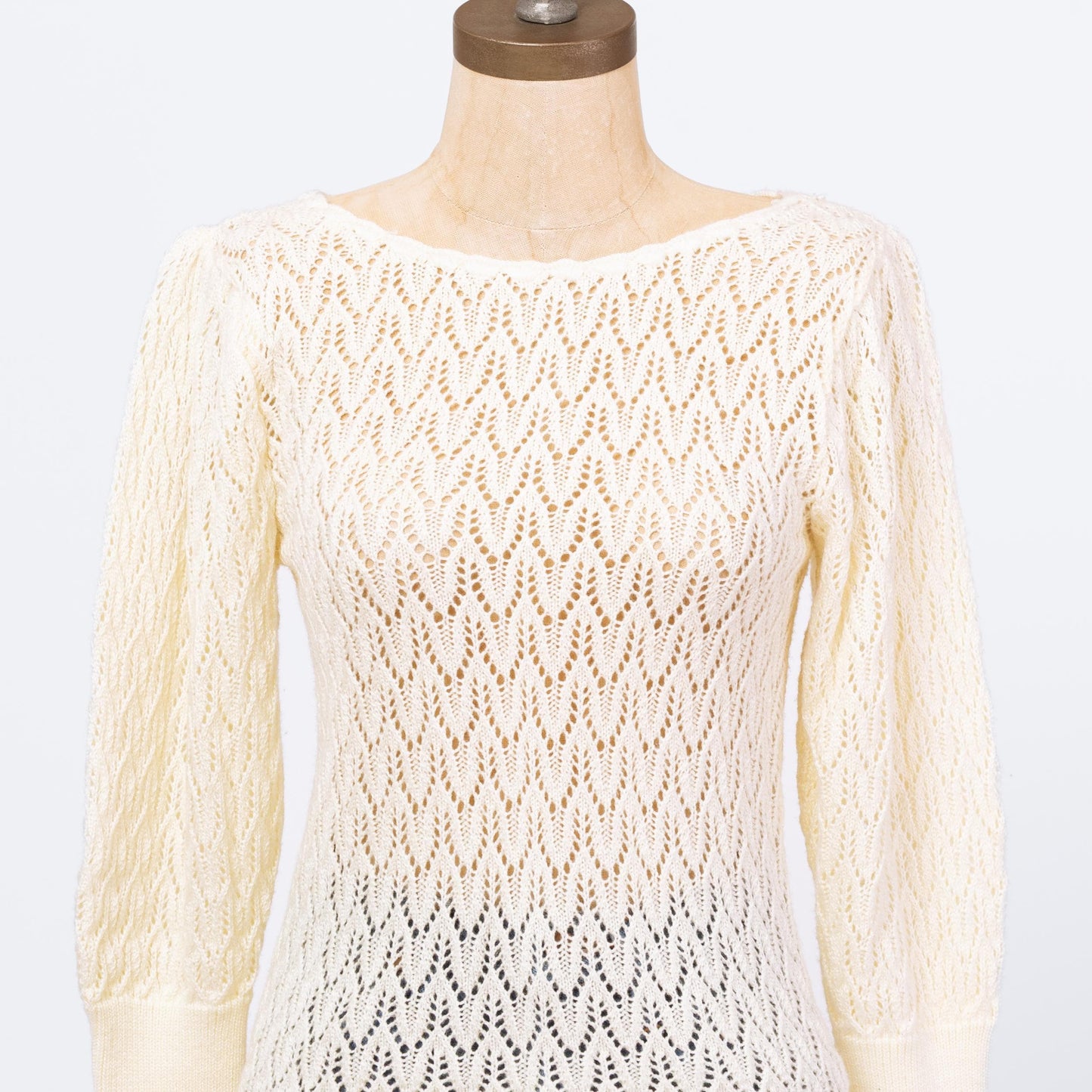 Vintage 70s Cream Eyelet Knit Puff Sleeve Sweater - Small | Boho Sheer Open Weave Cottagecore Pullover