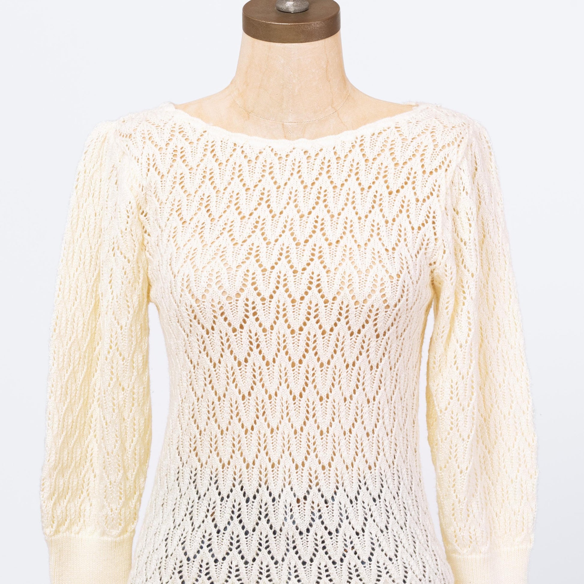 Vintage 70s Cream Eyelet Knit Puff Sleeve Sweater - Small | Boho Sheer Open Weave Cottagecore Pullover