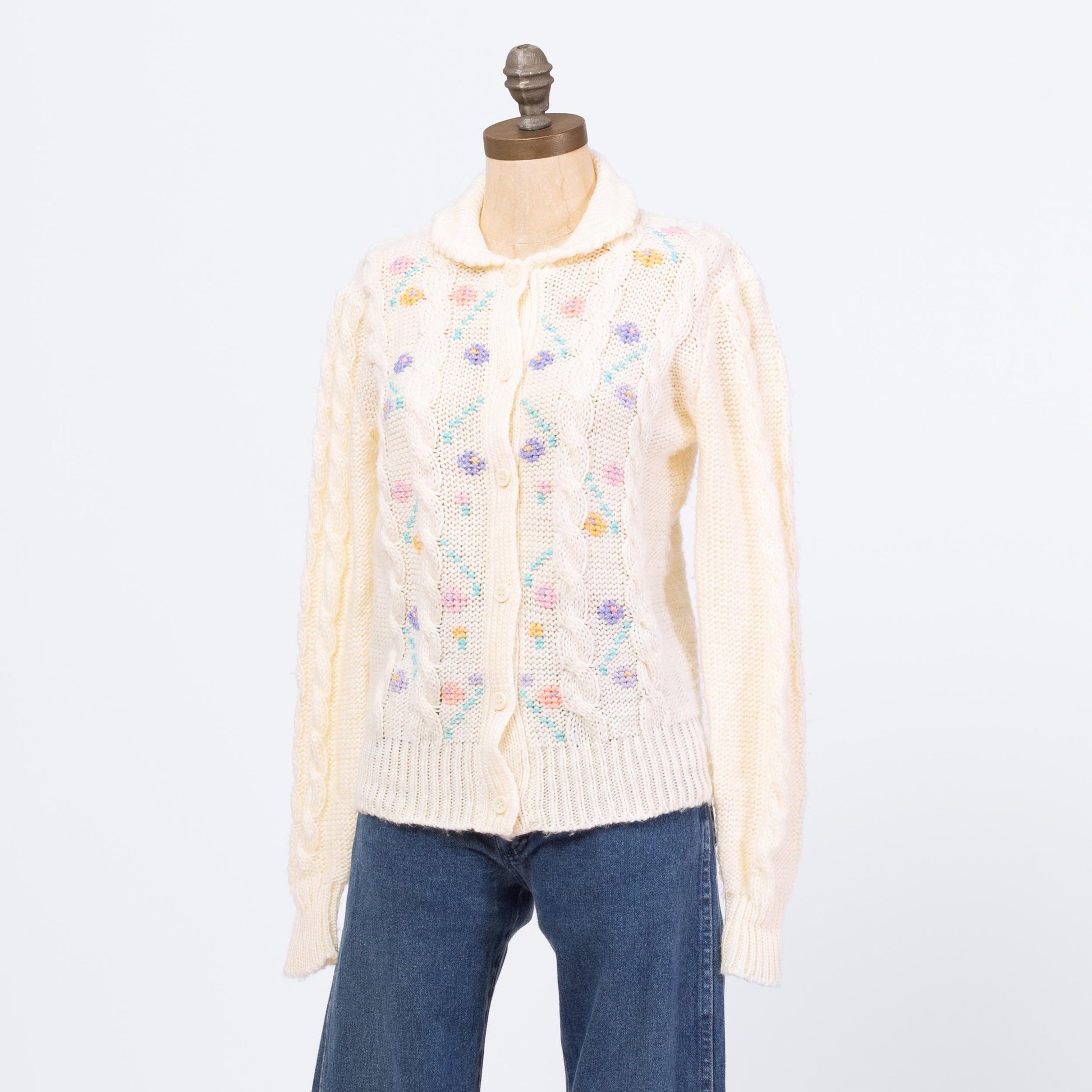 Vintage 80s Collared Pastel Floral Cardigan - Medium | Cream Cable Knit Boho Cottagecore Grandma Sweater