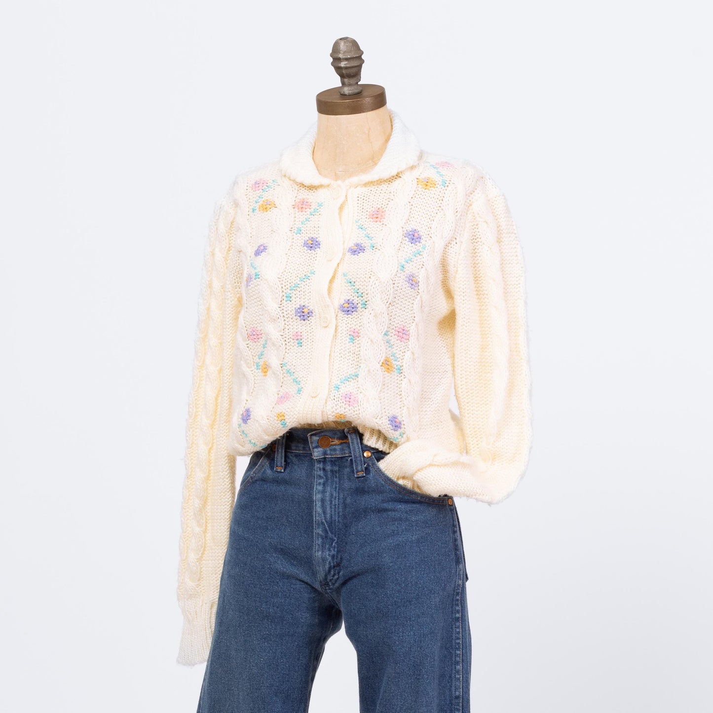 Vintage 80s Collared Pastel Floral Cardigan - Medium | Cream Cable Knit Boho Cottagecore Grandma Sweater