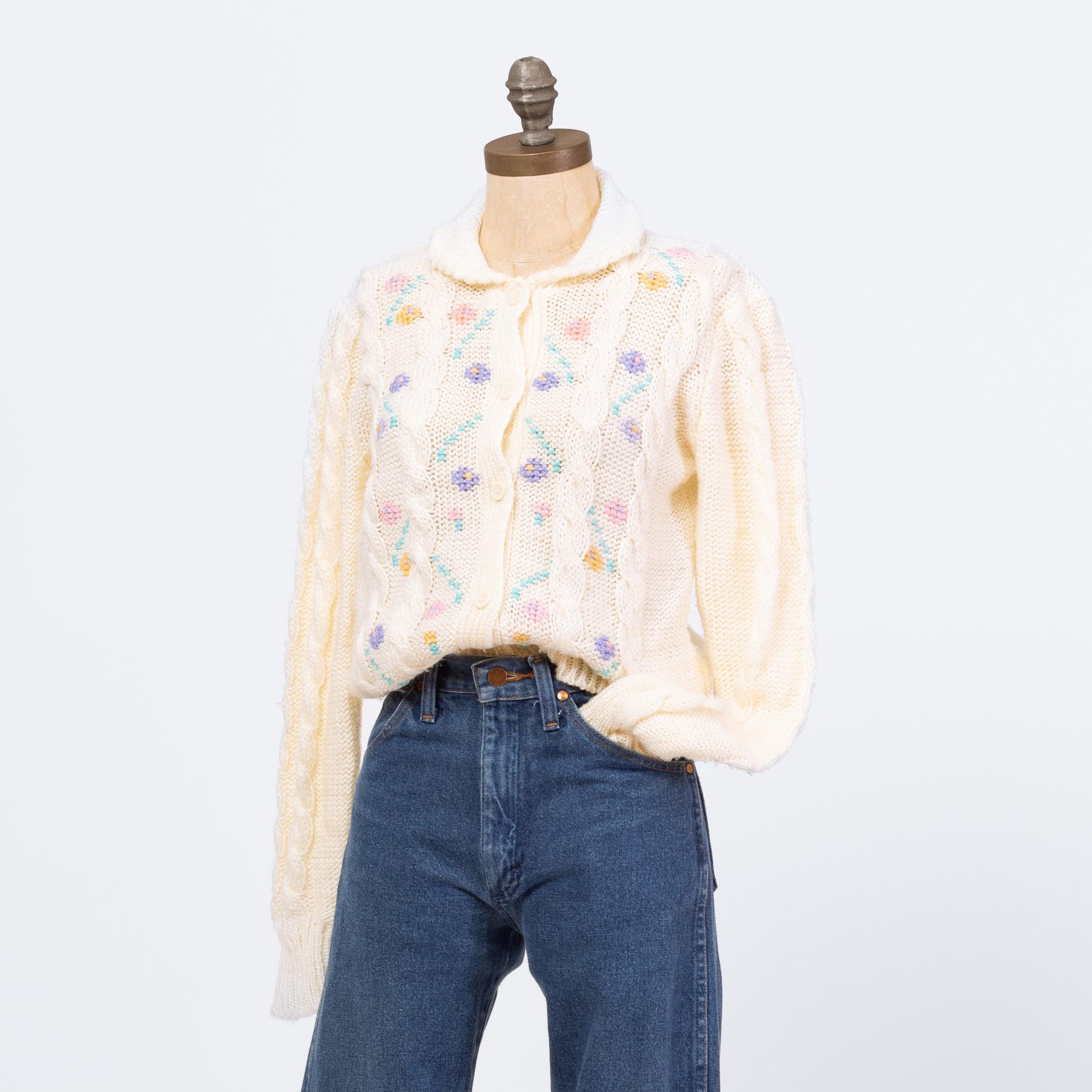 Vintage 80s Collared Pastel Floral Cardigan - Medium | Cream Cable Knit Boho Cottagecore Grandma Sweater