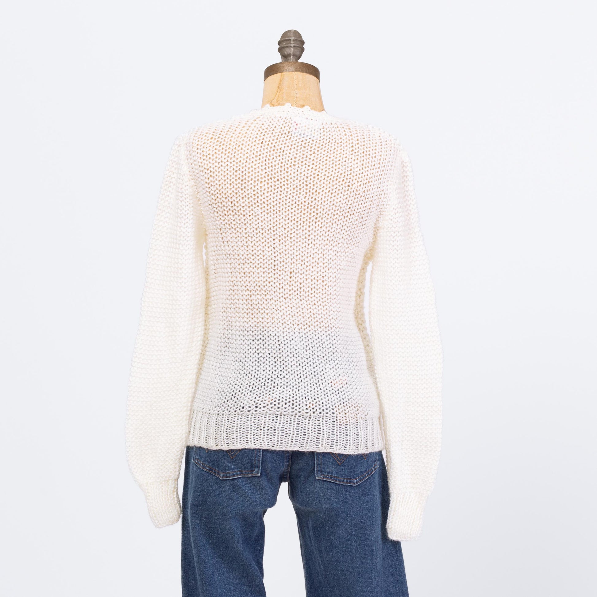 Vintage 80s White Floral Eyelet Knit Sweater - Medium | Boho Embroidered Bobble Knit Grandma Pullover