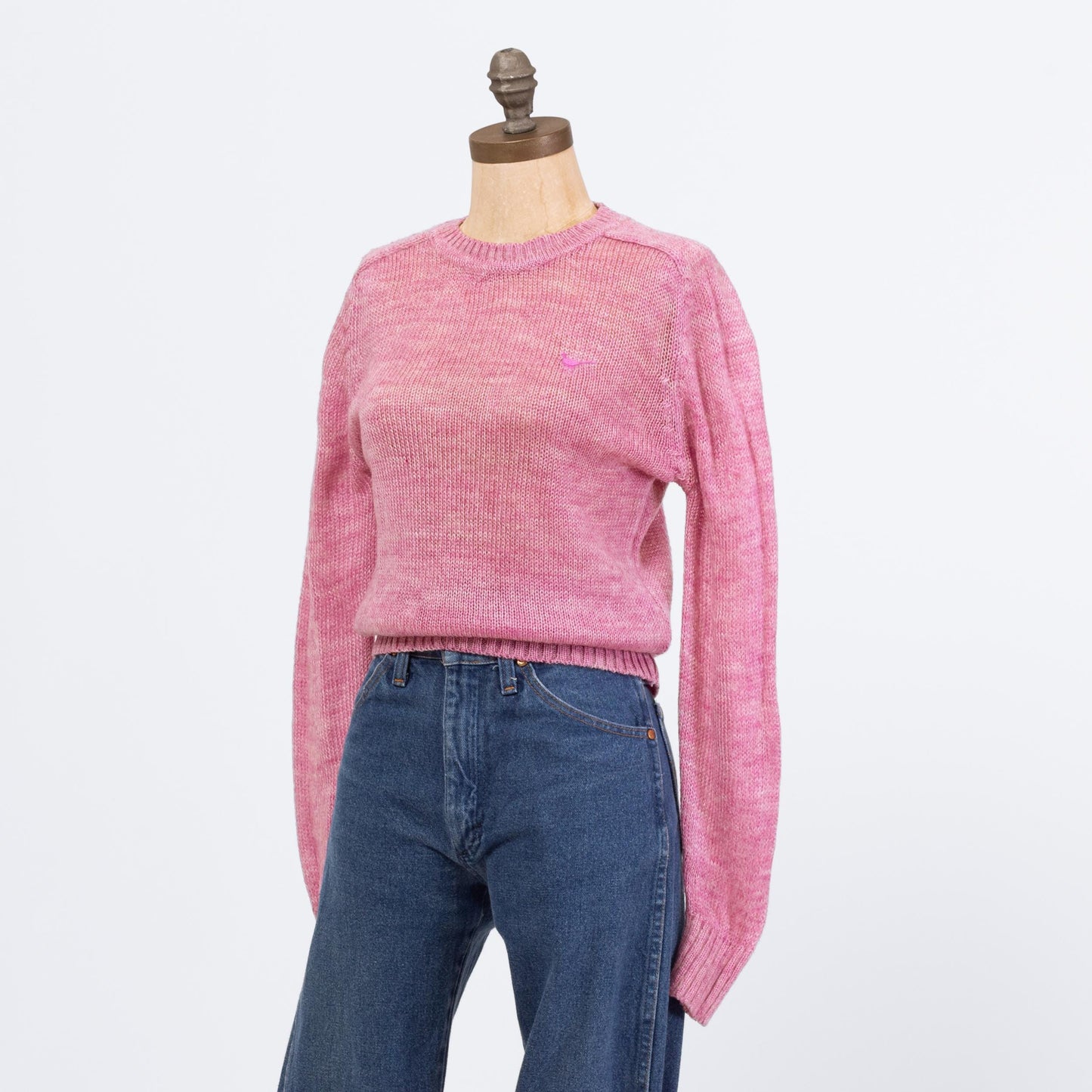 Vintage 80s Rose Pink Embroidered Bird Sweater - Small | Open Weave Marled Knit Pullover