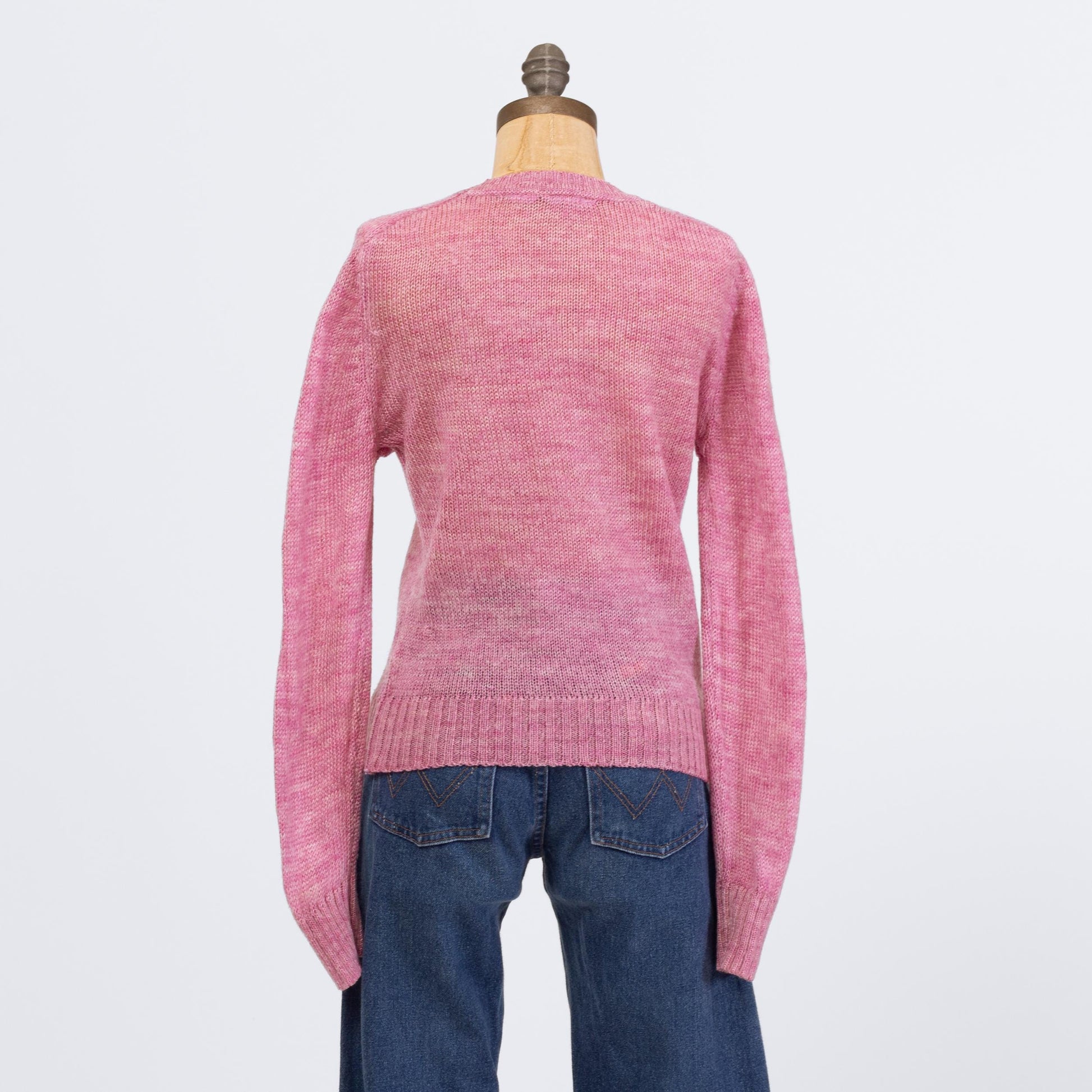 Vintage 80s Rose Pink Embroidered Bird Sweater - Small | Open Weave Marled Knit Pullover