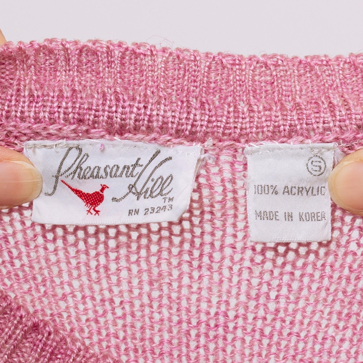 Vintage 80s Rose Pink Embroidered Bird Sweater - Small | Open Weave Marled Knit Pullover