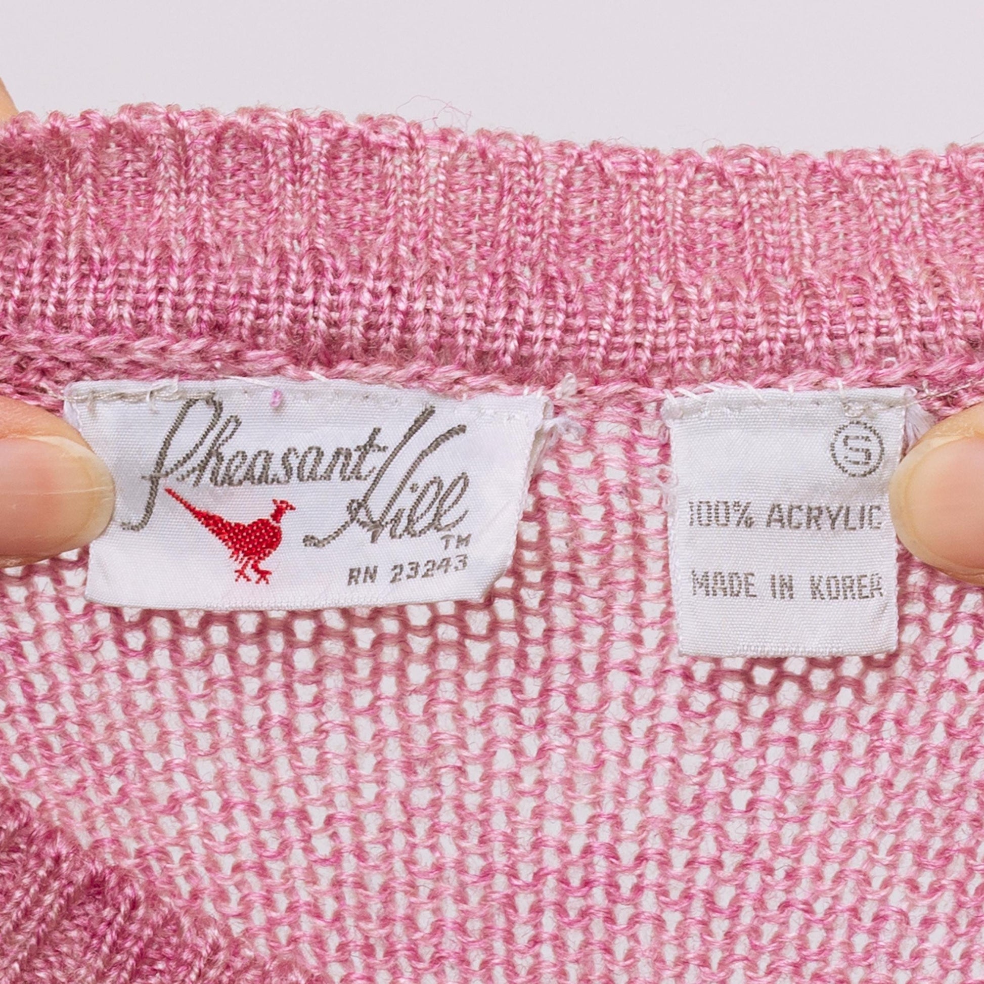 Vintage 80s Rose Pink Embroidered Bird Sweater - Small | Open Weave Marled Knit Pullover