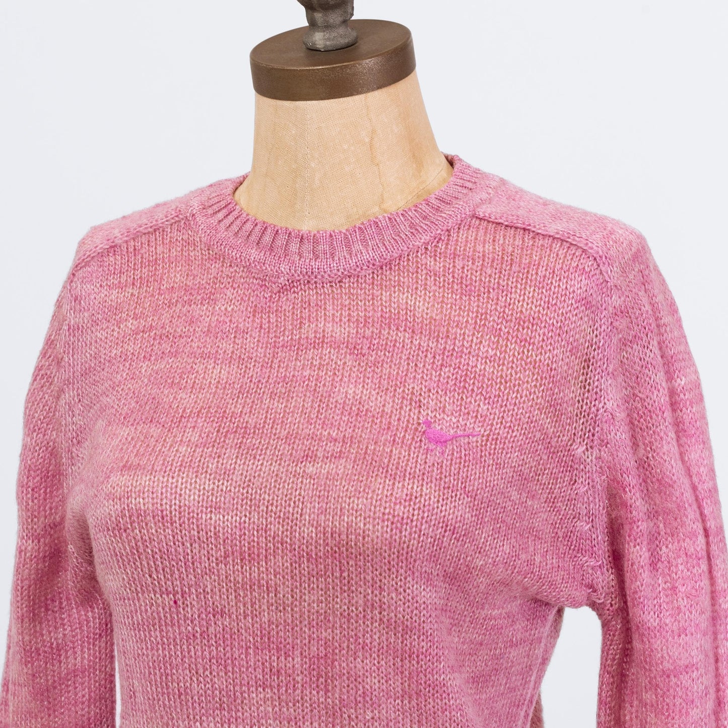 Vintage 80s Rose Pink Embroidered Bird Sweater - Small | Open Weave Marled Knit Pullover