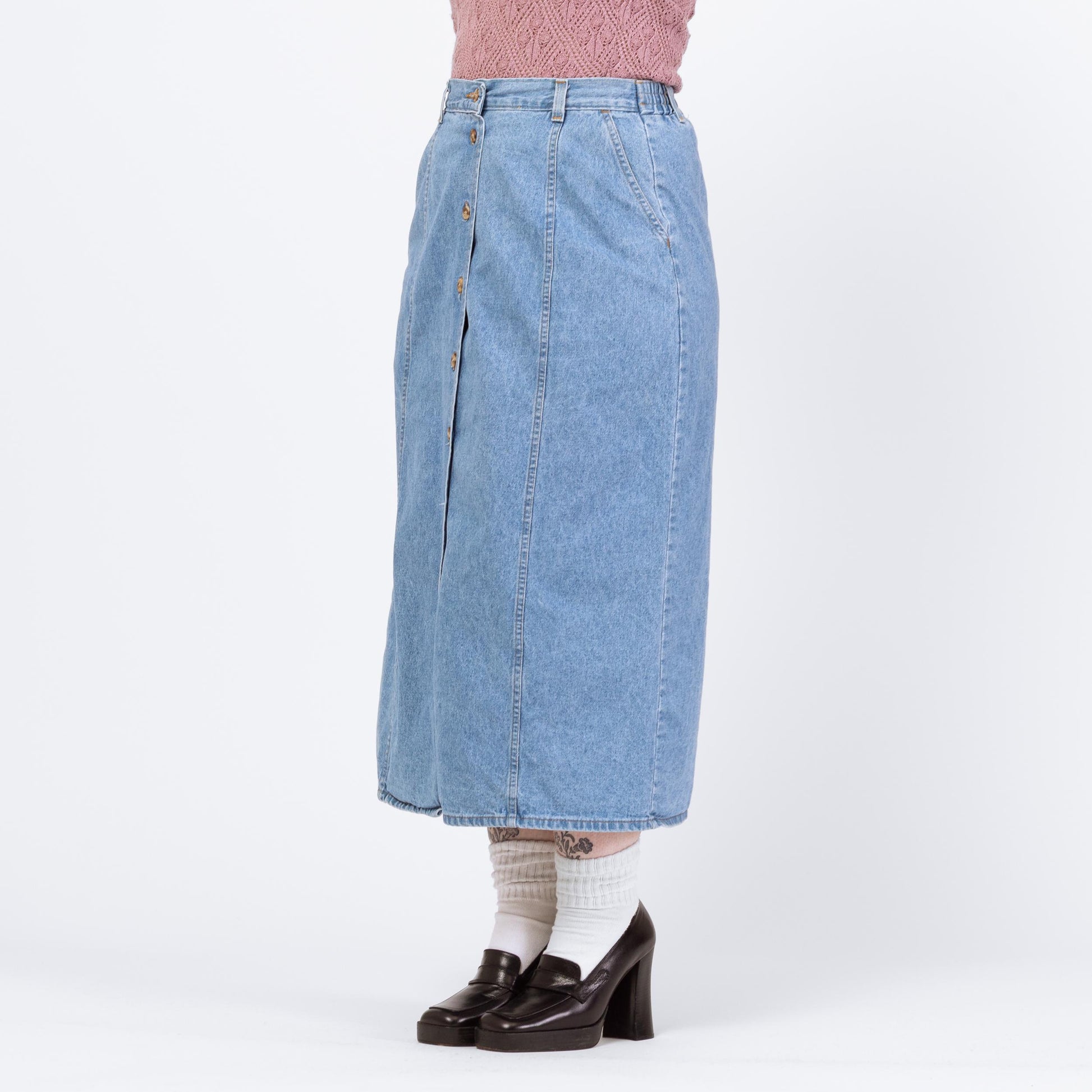 Vintage 90s Light Wash Denim Midi Skirt - Large, 30"-33" Waist | High Waisted A Line Button Front Long Skirt