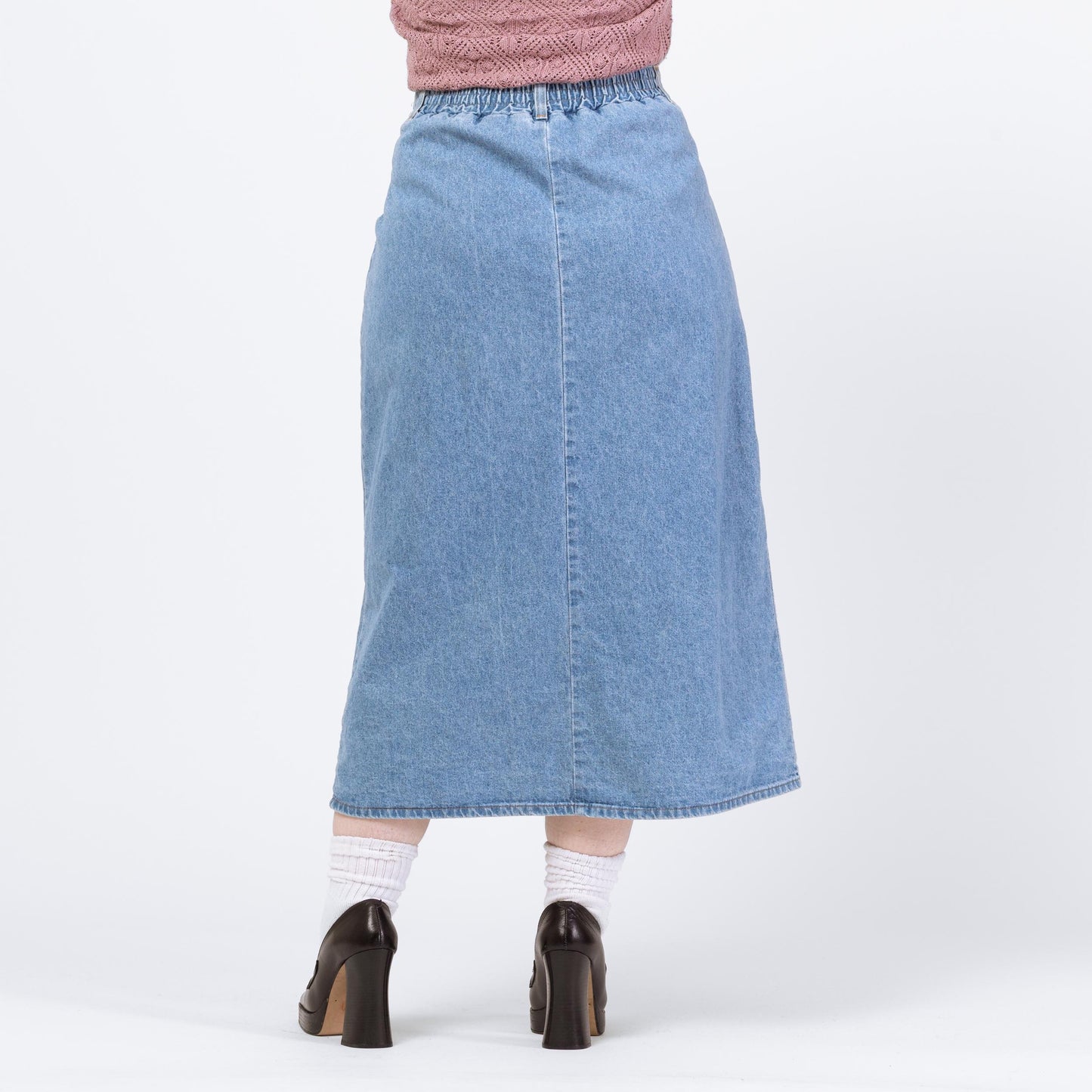 Vintage 90s Light Wash Denim Midi Skirt - Large, 30"-33" Waist | High Waisted A Line Button Front Long Skirt