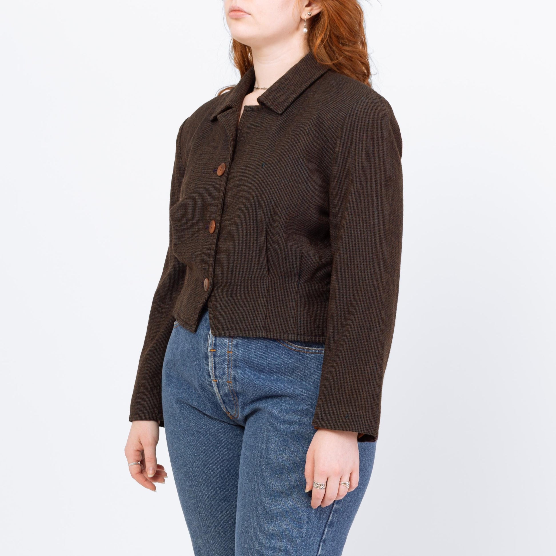 Vintage 80s Wool Tweed Cropped Blazer - Large | Brown Black Woven Button Up Short Jacket