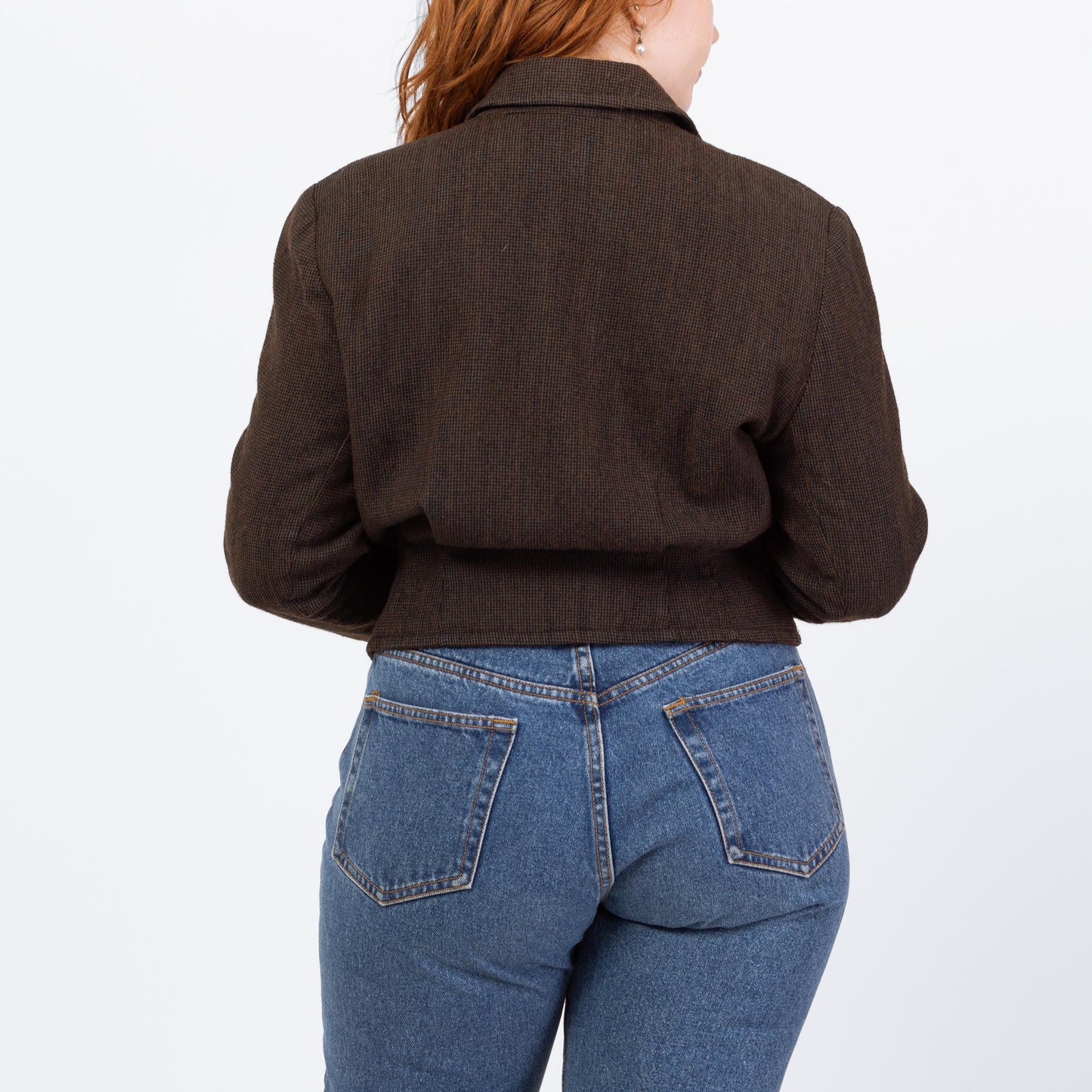 Vintage 80s Wool Tweed Cropped Blazer - Large | Brown Black Woven Button Up Short Jacket