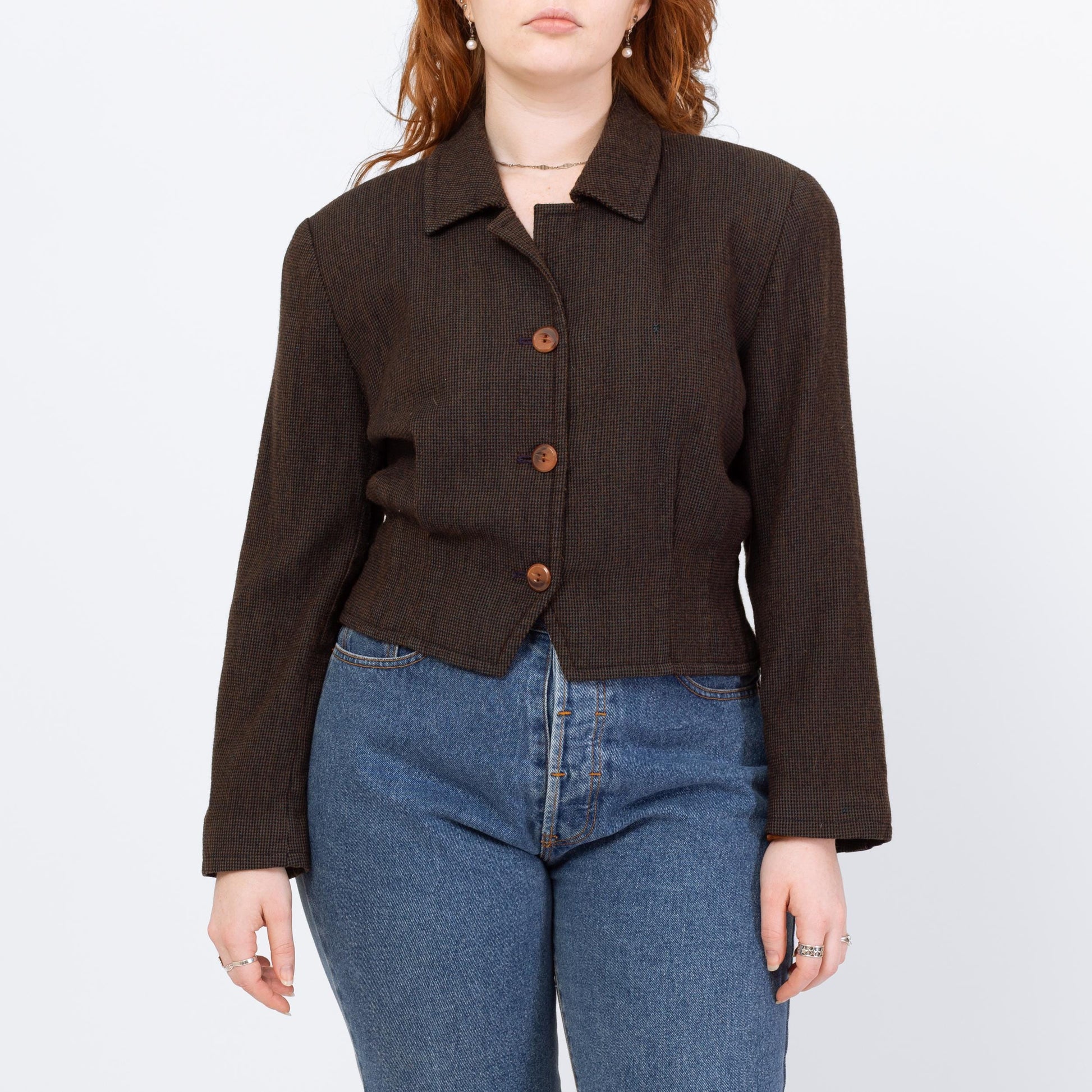 Vintage 80s Wool Tweed Cropped Blazer - Large | Brown Black Woven Button Up Short Jacket