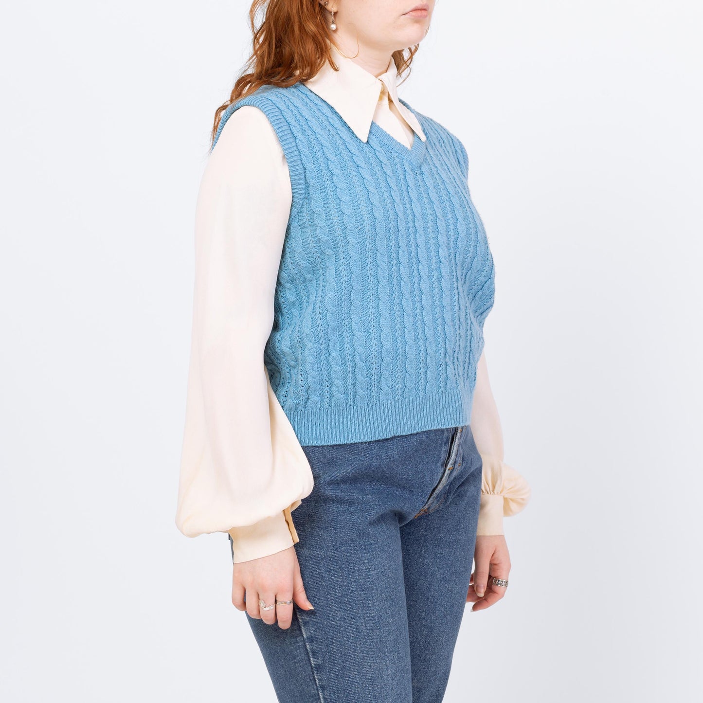 Vintage 80s Baby Blue Cable Knit Sweater Vest - Large | Preppy Sleeveless V Neck Top
