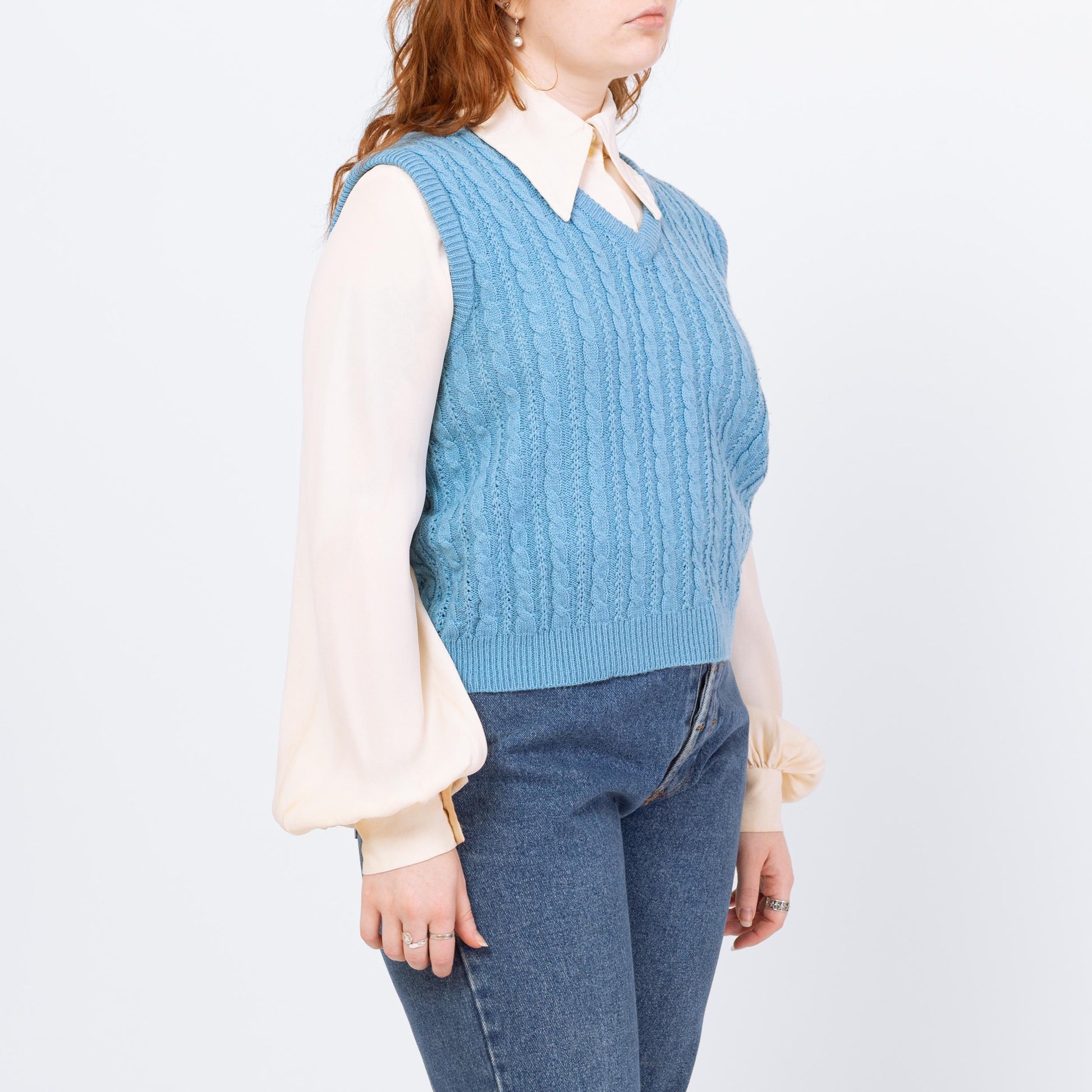 Vintage 80s Baby Blue Cable Knit Sweater Vest - Large | Preppy Sleeveless V Neck Top