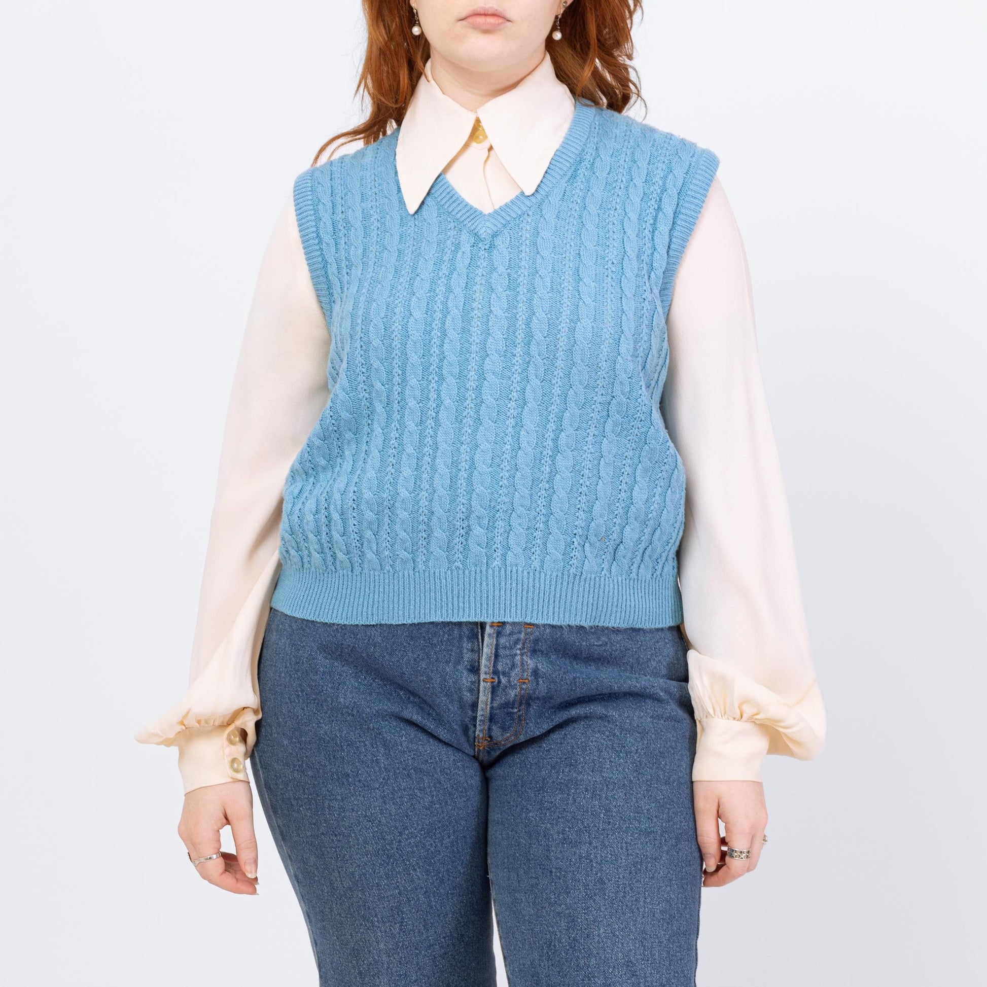 Vintage 80s Baby Blue Cable Knit Sweater Vest - Large | Preppy Sleeveless V Neck Top