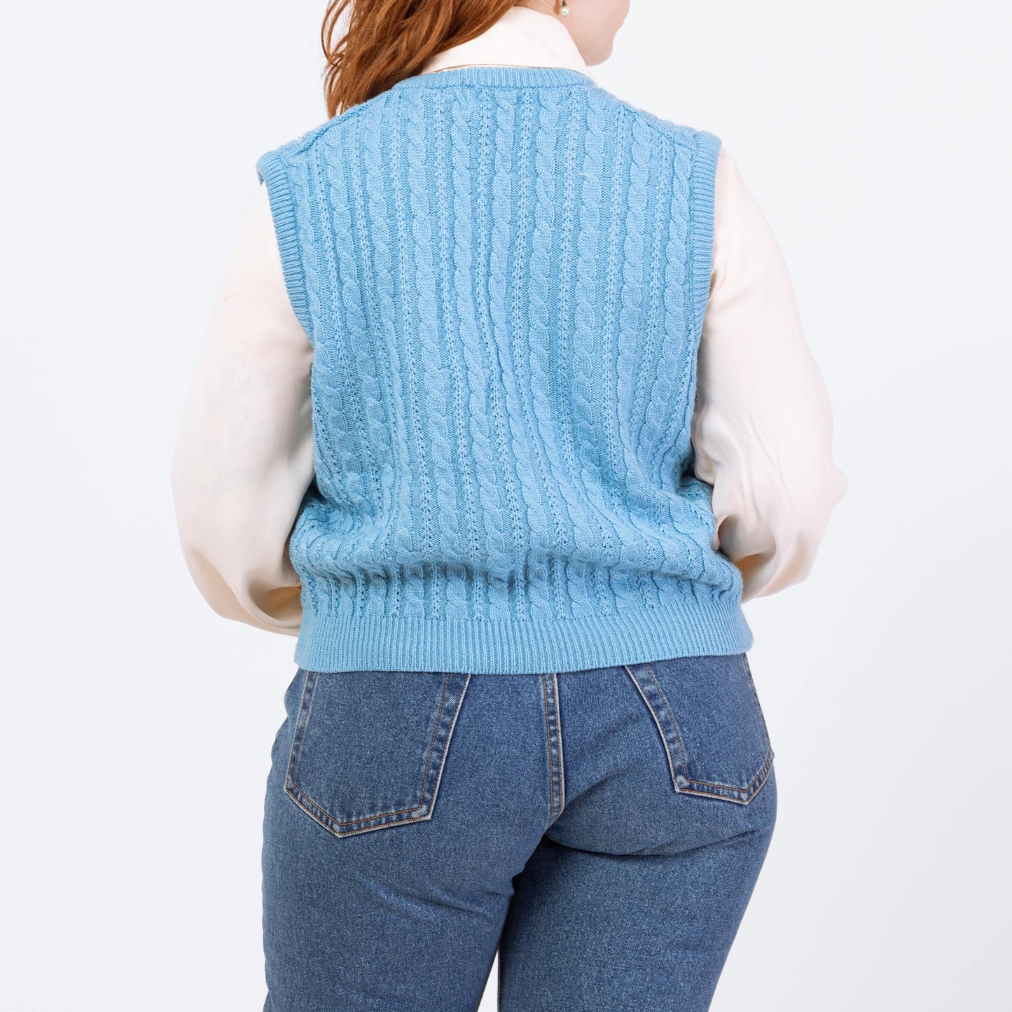 Vintage 80s Baby Blue Cable Knit Sweater Vest - Large | Preppy Sleeveless V Neck Top