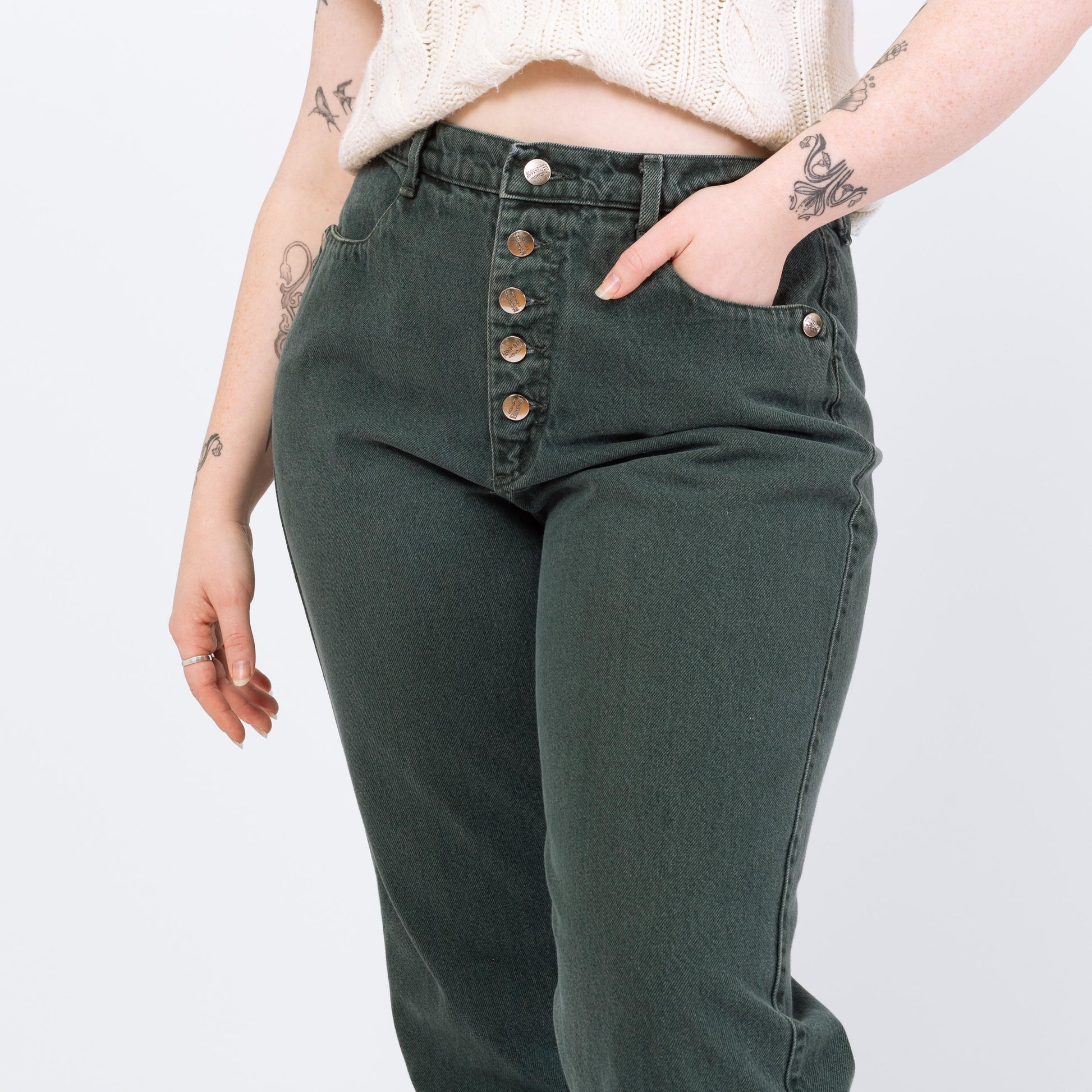 Vintage 90s Roughrider Forest Green Western Jeans - Extra Large, 34" Waist | Circle T Button Fly High Waisted Denim Mom Jeans