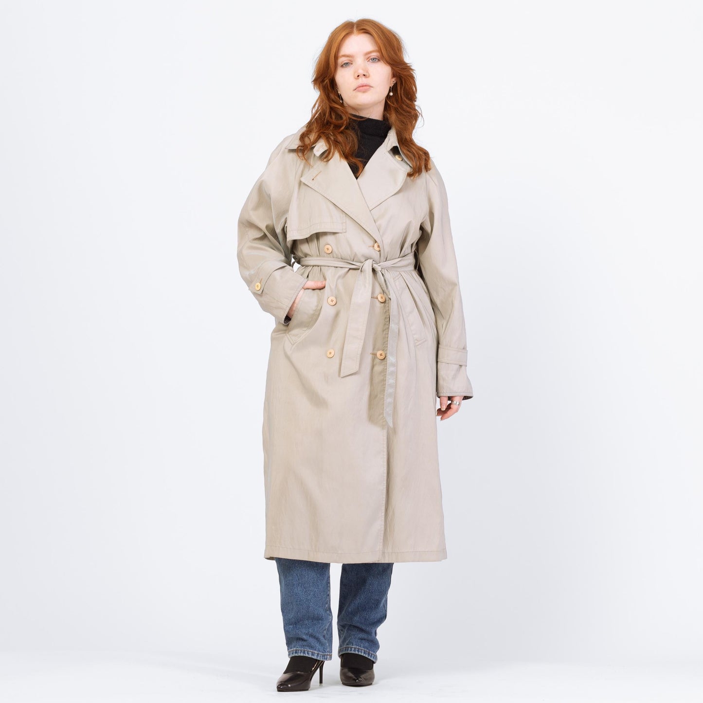 Vintage 80s Iridescent Taupe Gingham Trim Trench Coat - Medium | Forecaster Of Boston Double Breasted Belted Long Rain Jacket