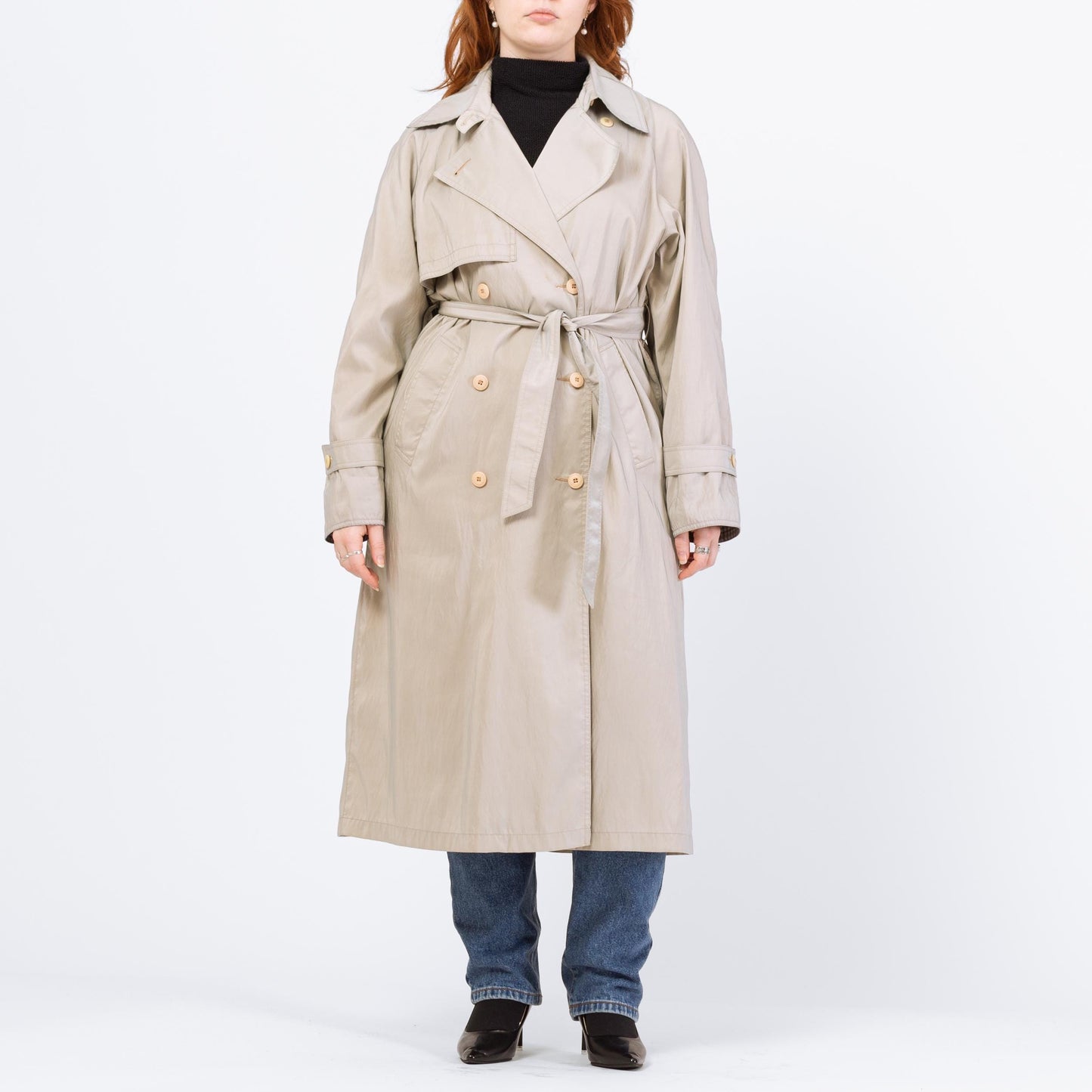 Vintage 80s Iridescent Taupe Gingham Trim Trench Coat - Medium | Forecaster Of Boston Double Breasted Belted Long Rain Jacket