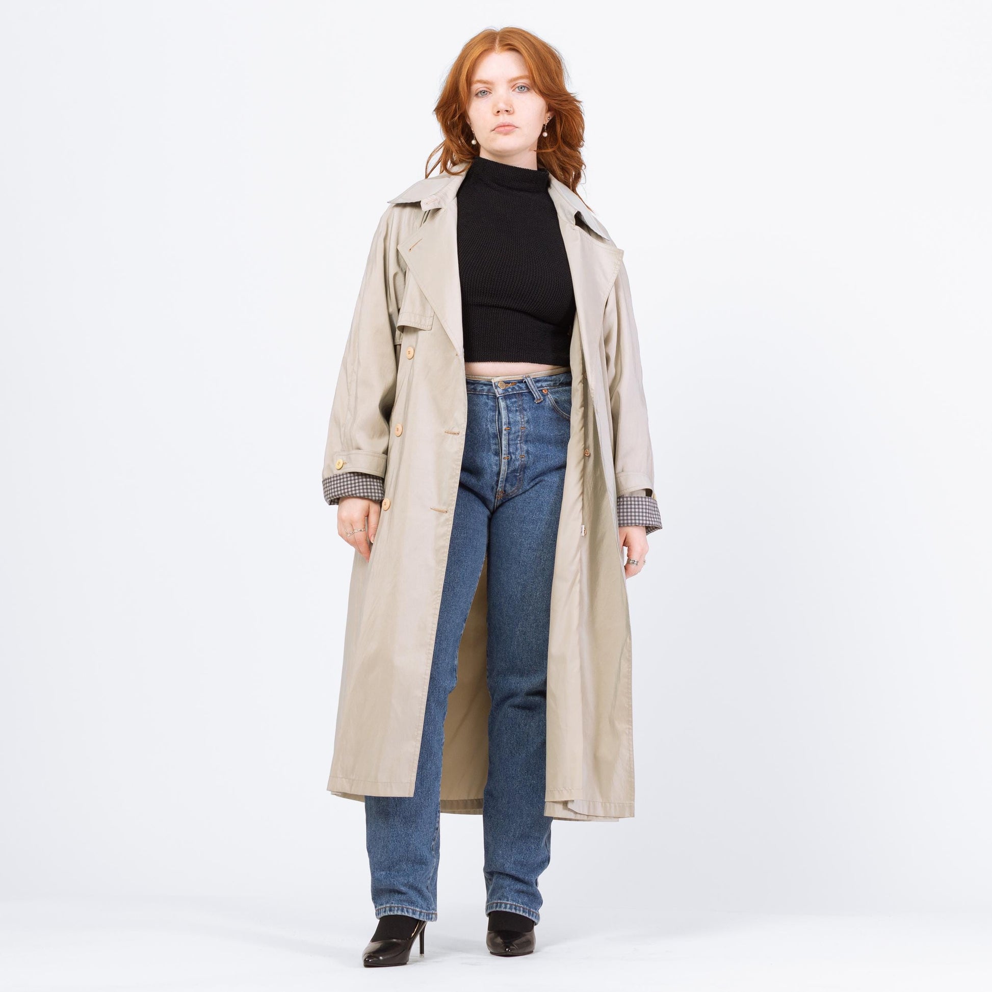 Vintage 80s Iridescent Taupe Gingham Trim Trench Coat - Medium | Forecaster Of Boston Double Breasted Belted Long Rain Jacket