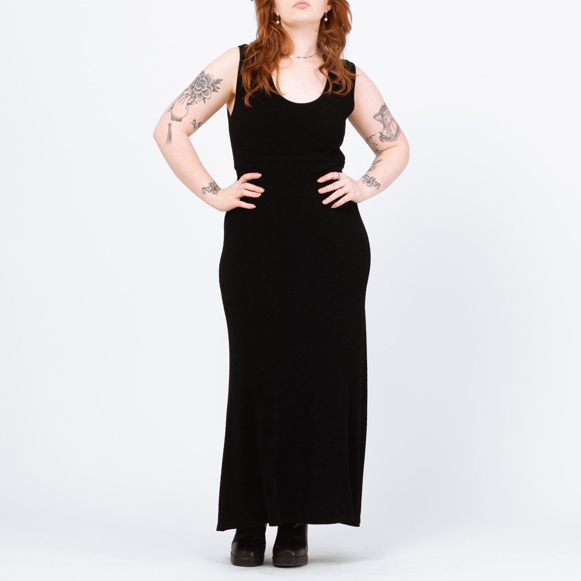 Vintage 90s Slinky Black Maxi Tank Dress - Medium to Large | Sleeveless Stretchy Minimalist Grunge Dress