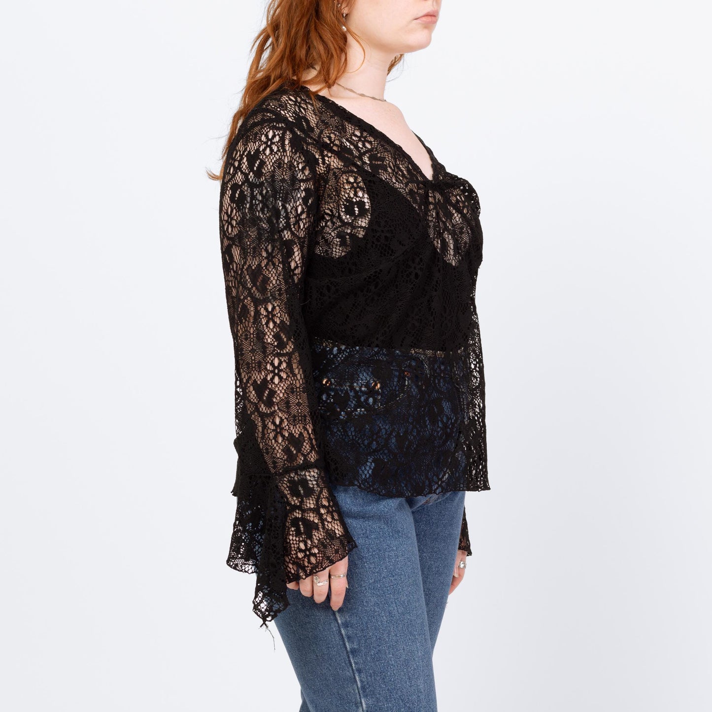 Vintage 90s Black Lace Angel Sleeve Top - Extra Large | Boho Whimsigoth Sheer Long Sleeve Blouse