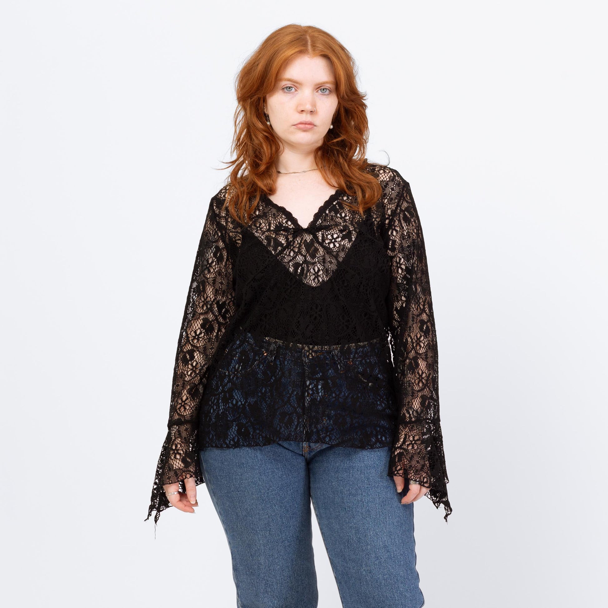 Vintage 90s Black Lace Angel Sleeve Top - Extra Large | Boho Whimsigoth Sheer Long Sleeve Blouse
