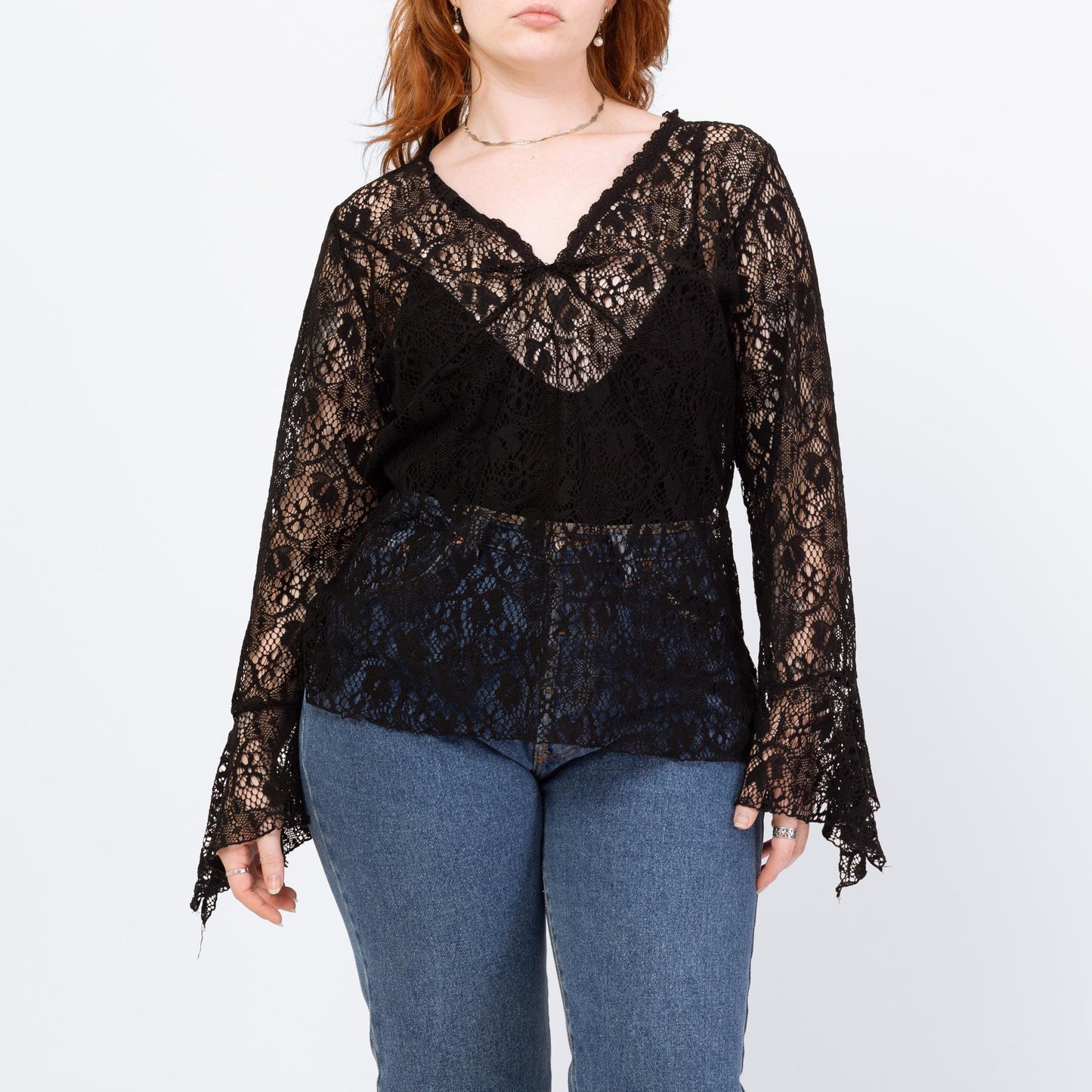 Vintage 90s Black Lace Angel Sleeve Top - Extra Large | Boho Whimsigoth Sheer Long Sleeve Blouse