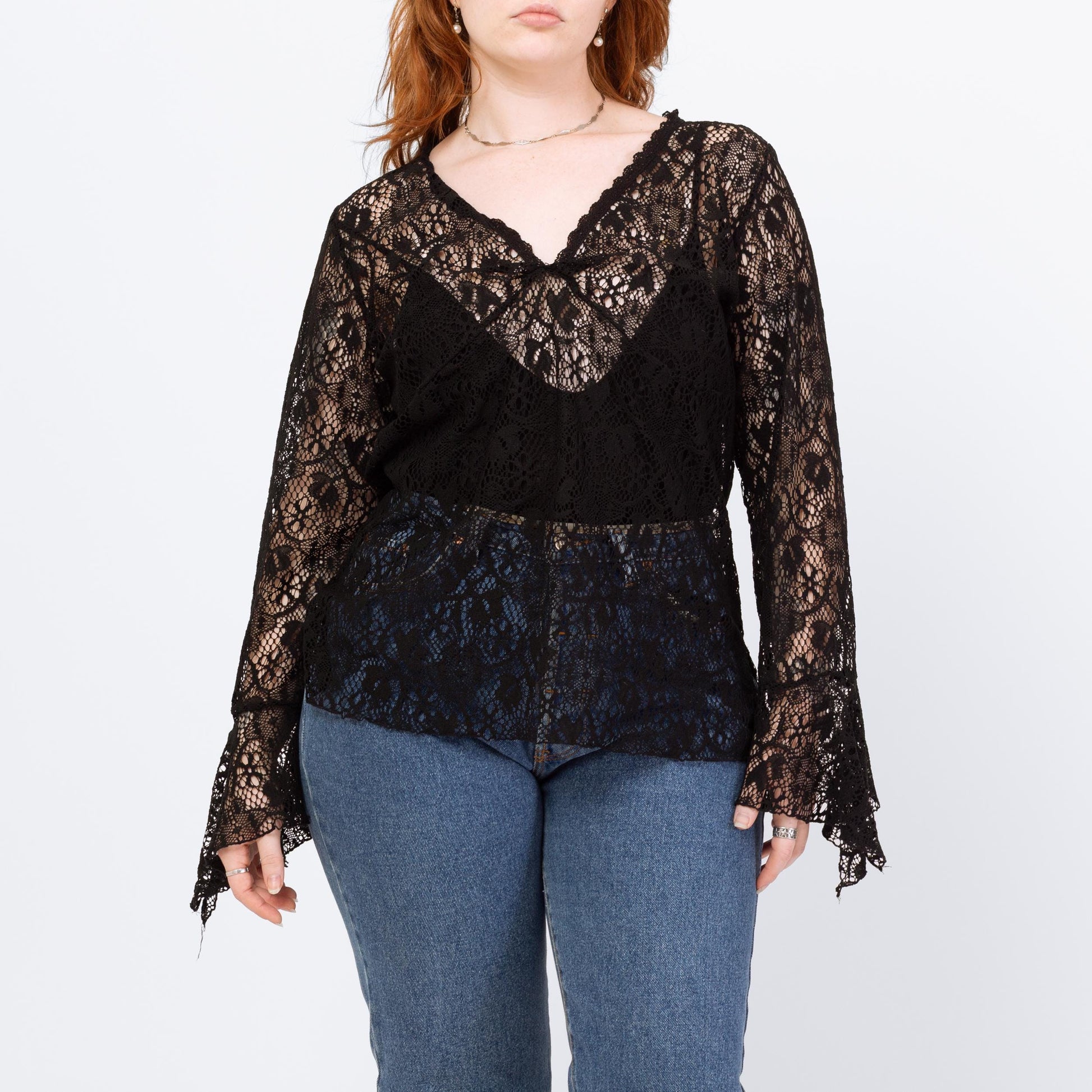 Vintage 90s Black Lace Angel Sleeve Top - Extra Large | Boho Whimsigoth Sheer Long Sleeve Blouse