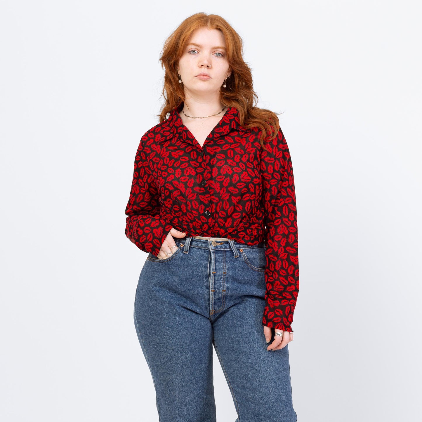 Vintage Y2K Red Lip Print Button Up Shirt - Large | Kiss Graphic Long Sleeve Top