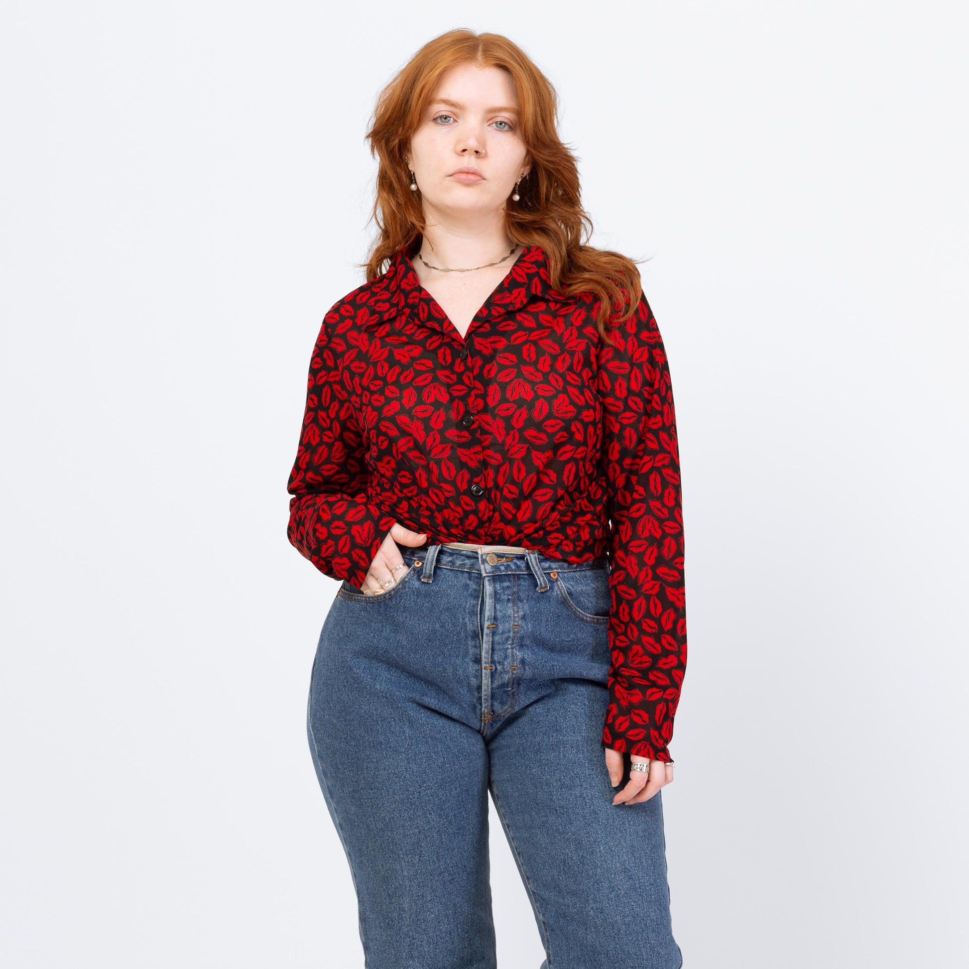 Vintage Y2K Red Lip Print Button Up Shirt - Large | Kiss Graphic Long Sleeve Top