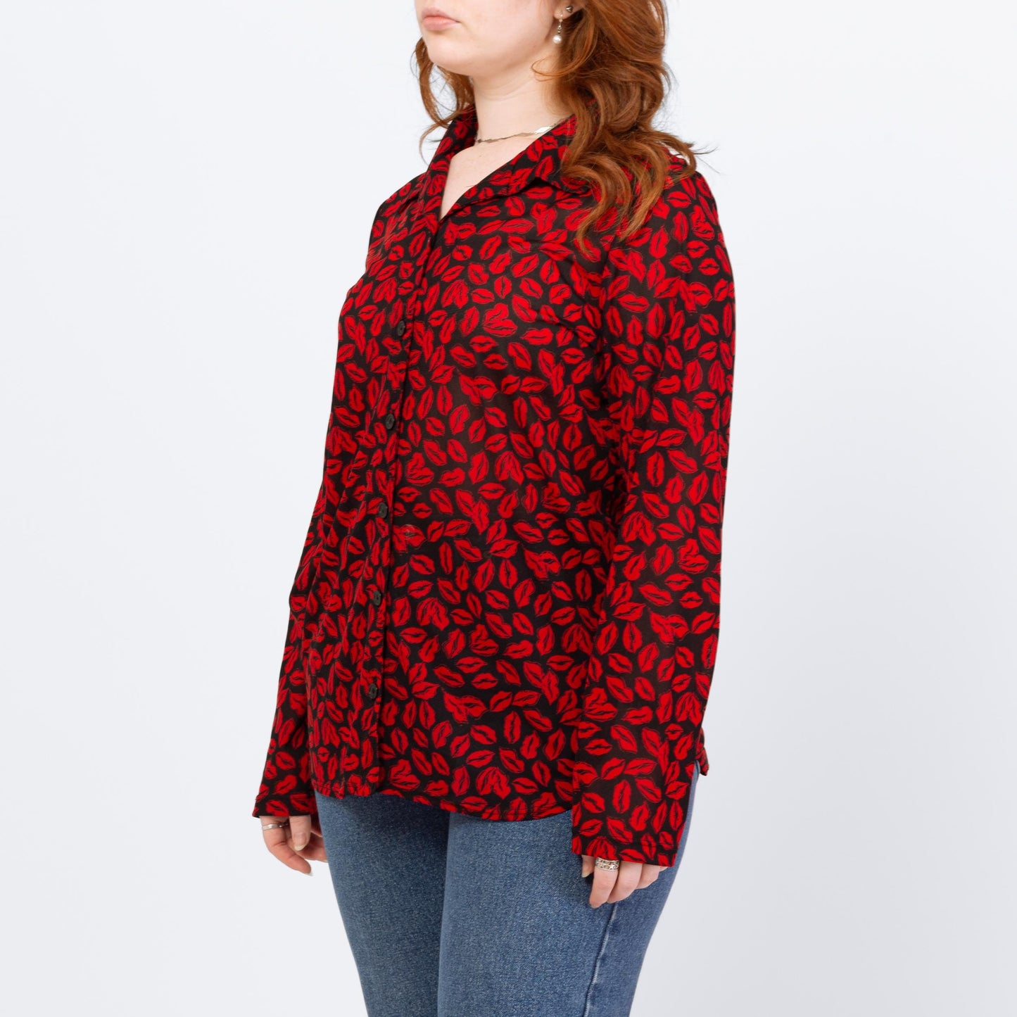 Vintage Y2K Red Lip Print Button Up Shirt - Large | Kiss Graphic Long Sleeve Top