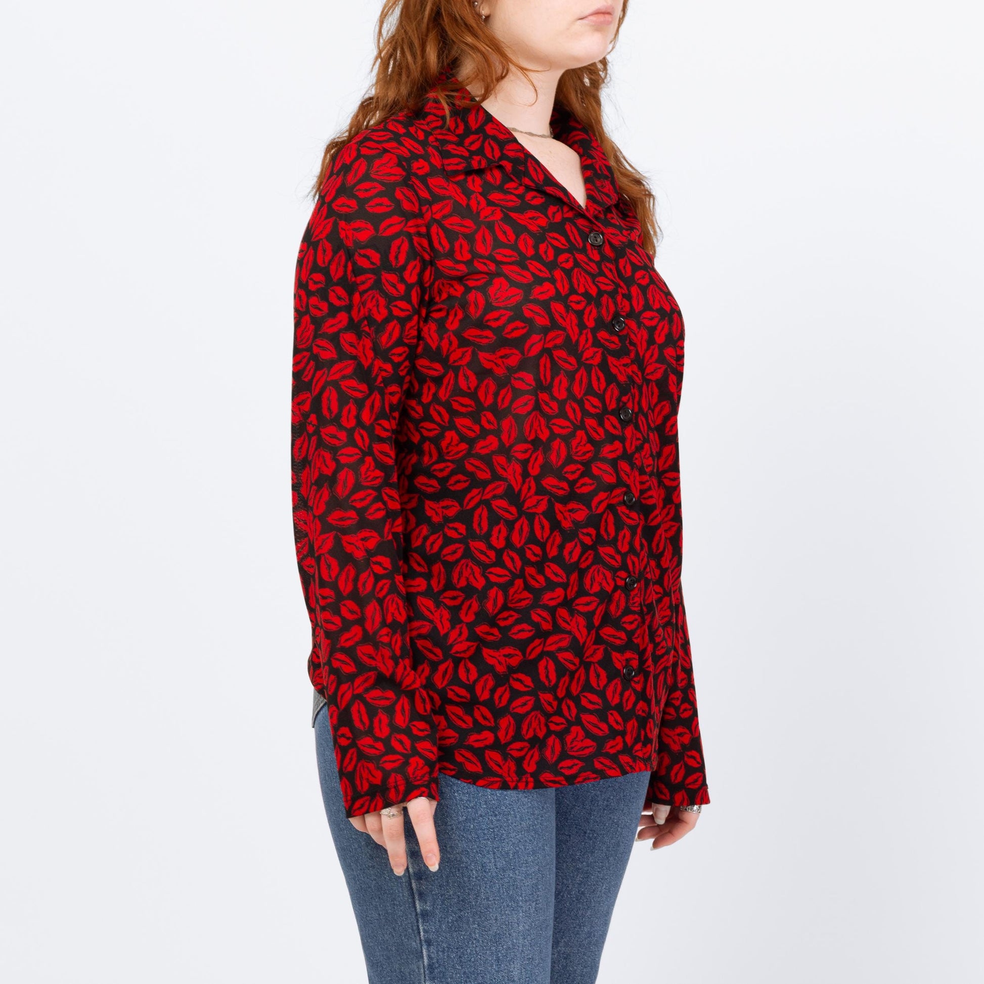 Vintage Y2K Red Lip Print Button Up Shirt - Large | Kiss Graphic Long Sleeve Top