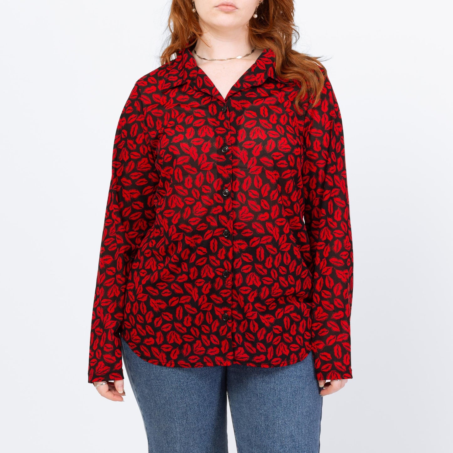 Vintage Y2K Red Lip Print Button Up Shirt - Large | Kiss Graphic Long Sleeve Top