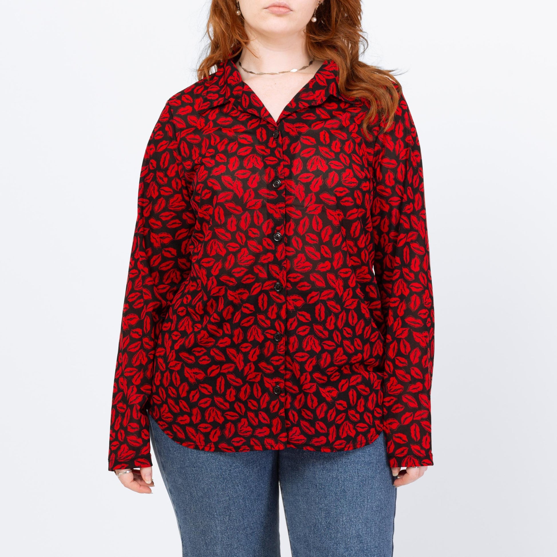 Vintage Y2K Red Lip Print Button Up Shirt - Large | Kiss Graphic Long Sleeve Top