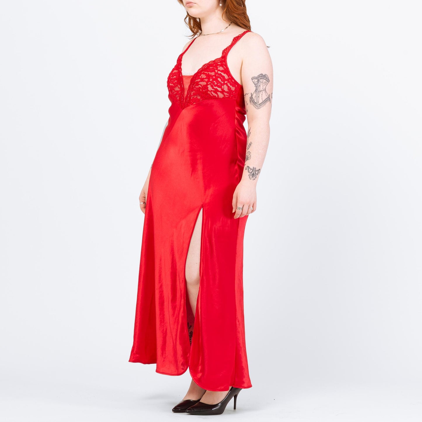 Vintage 90s Victoria's Secret Red Lace Trim Nightgown - Medium to Large | Sexy Negligee Nightie Maxi High Slit Slip Dress