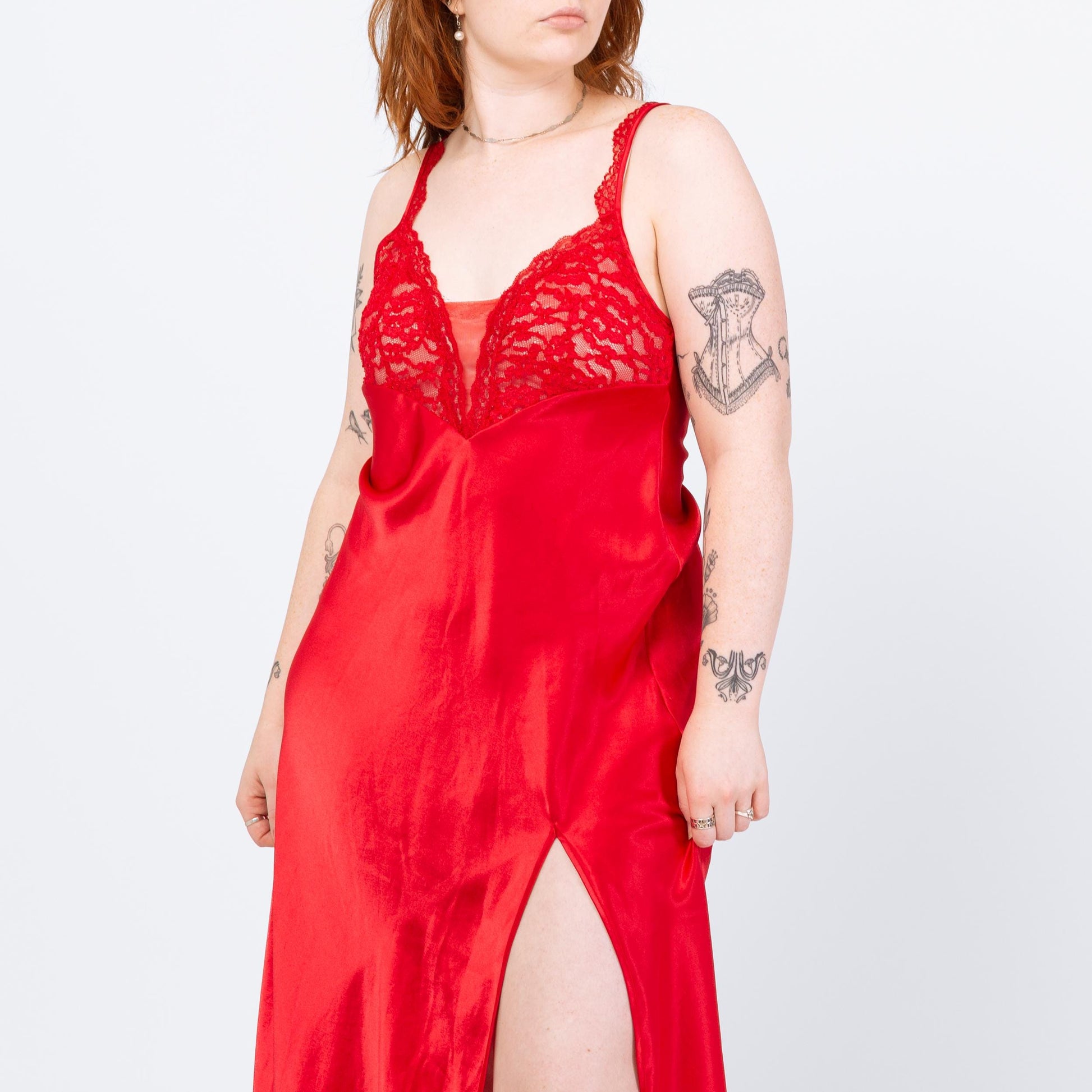 Vintage 90s Victoria's Secret Red Lace Trim Nightgown - Medium to Large | Sexy Negligee Nightie Maxi High Slit Slip Dress
