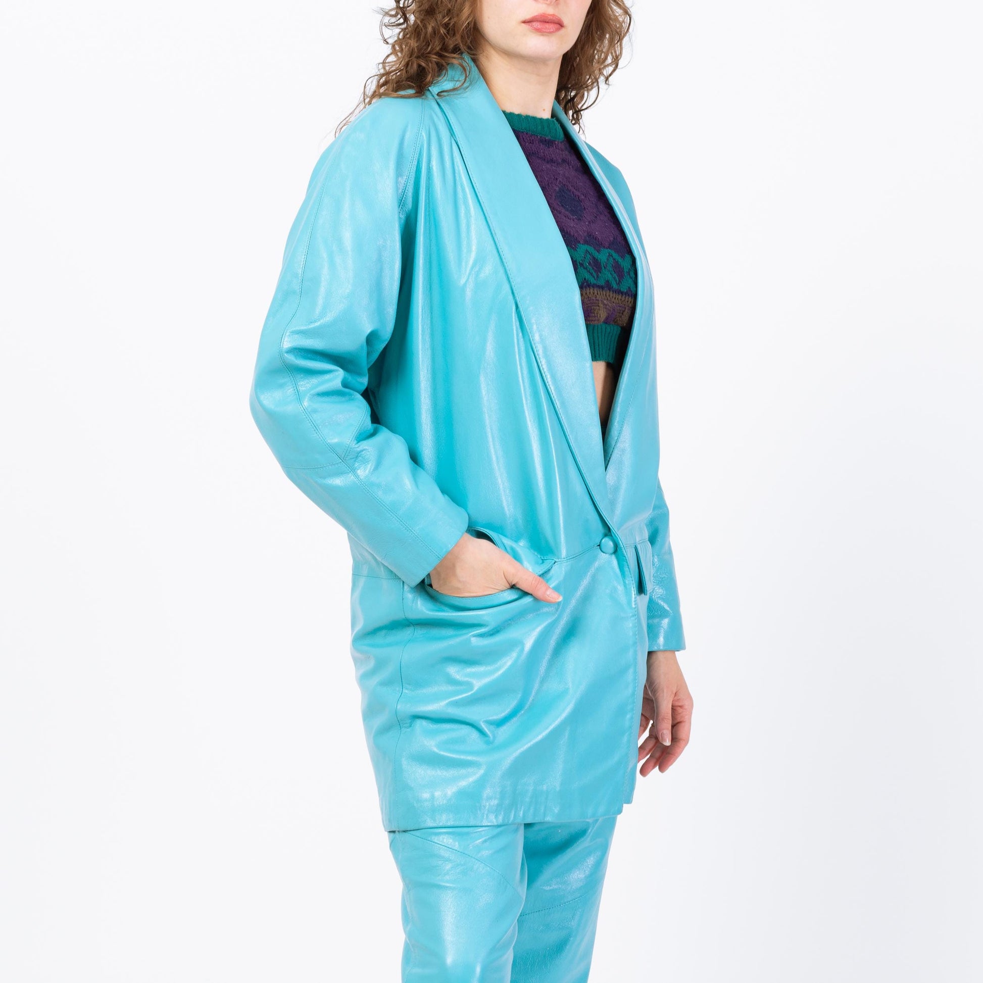 Vintage 80s Turquoise Blue Leather Suit Set - Small to Medium | Jacket & Pants Matching Two Piece Outfit