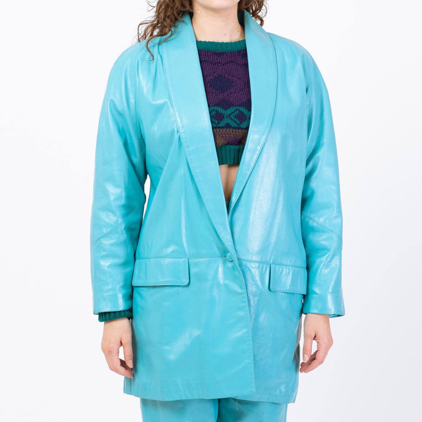 Vintage 80s Turquoise Blue Leather Suit Set - Small to Medium | Jacket & Pants Matching Two Piece Outfit