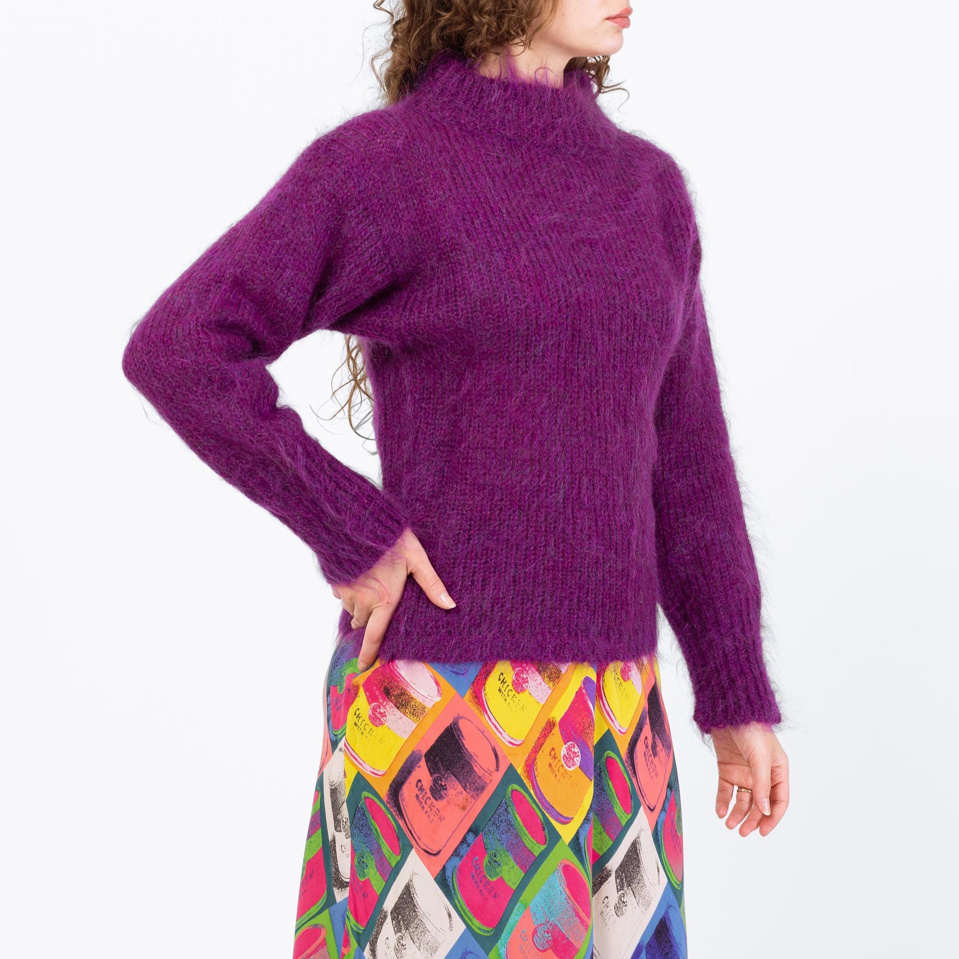 Vintage 80s Purple Mohair Funnel Neck Sweater - Medium | Wool Blend Turtleneck Pullover